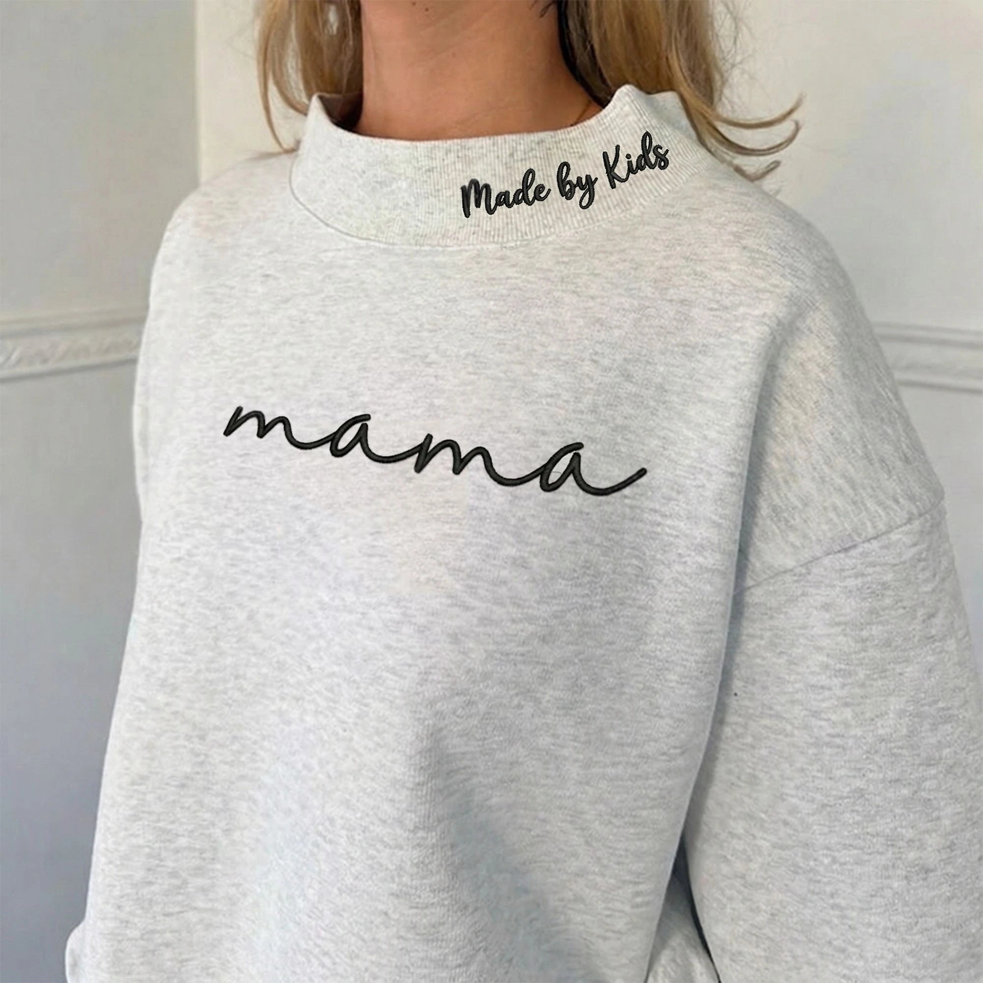 MAMA Embroidered Stand Collar Sweatshirt – Minimalist Letter Mom Pullover, Washed Cotton Mother’s Day Gift for Mom & Women | Mother's Day Gift