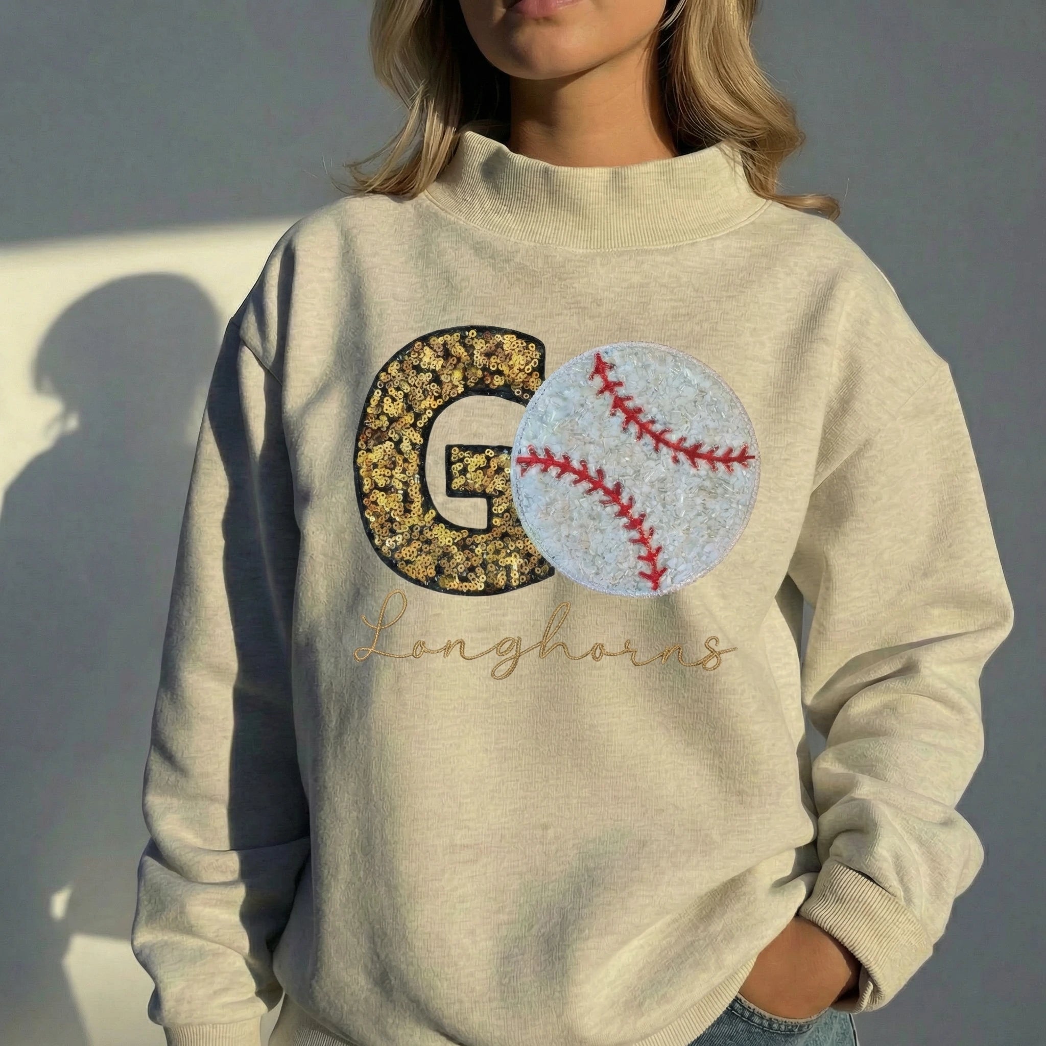 Custom Game Day Baseball Mockneck Sweatshirt – Sequin Varsity Letter