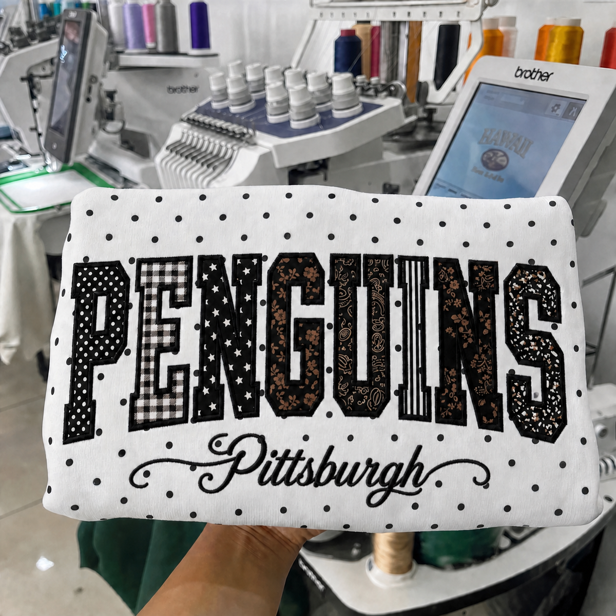 Custom Hockey Team Patchwork Embroidered Polka Dot Sweatshirt | Hockey Fan Game Day Gear