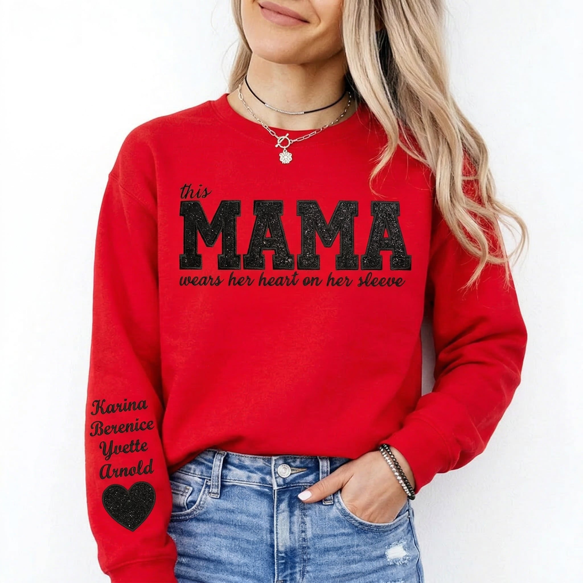 Custom Mama Glitter Embroidered Sweatshirt with Kids' Names | Mother's Day Gift