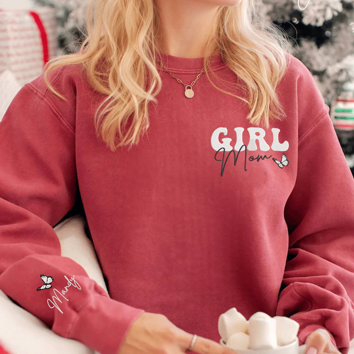 Custom Embroidered Girl Mom T-shirt/Sweatshirt with Butterfly-Personalized Nickname with Kids' Names on Sleeve, Mother's Day Gift