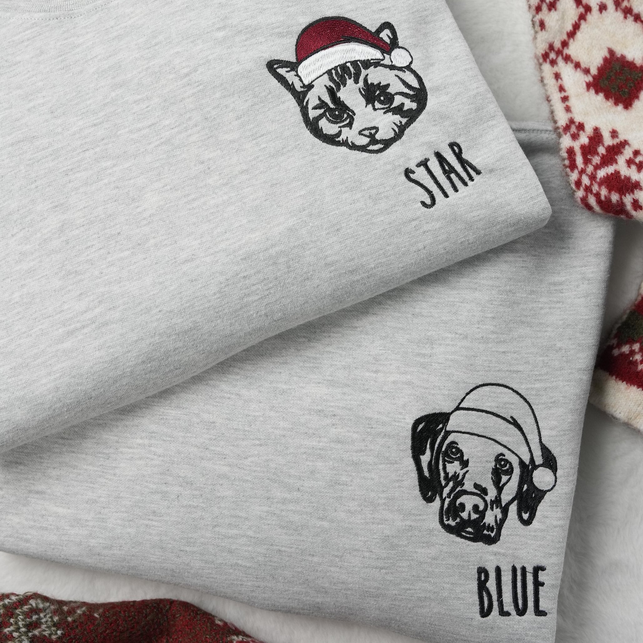 Custom Embroidered Pet Photo Pet Name Sweatshirt With Santa Hat | Christmas Gift for Pet Lover