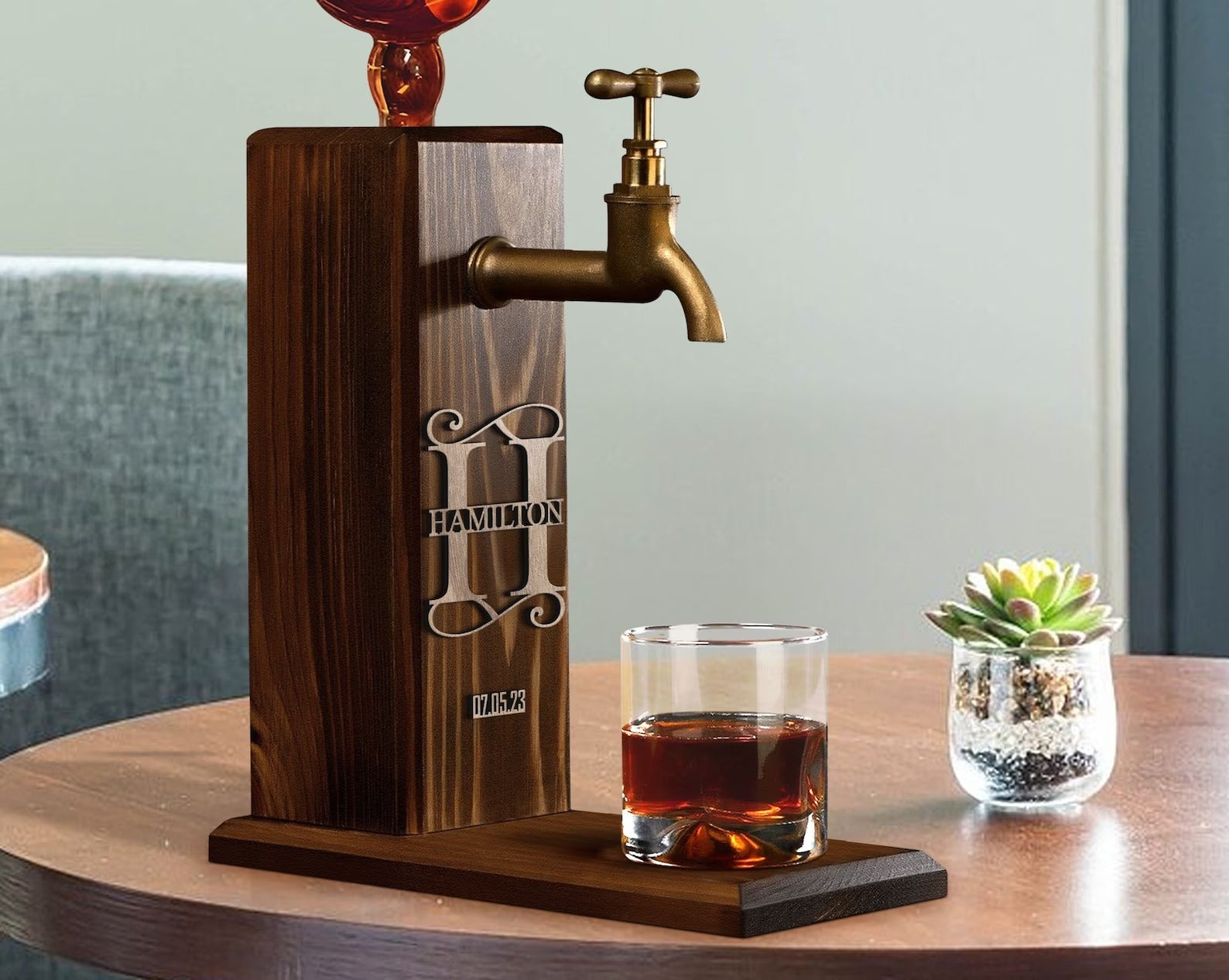 Personalized Embossed Name Wooden Whiskey Dispenser, Wood Dispenser, Alcohol Dispenser, Whiskey Fountain, Beverage Dispenser, Gift for Him