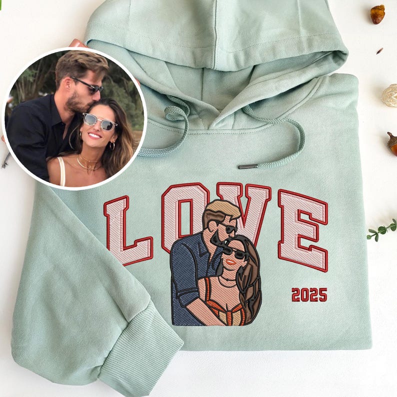 Custom Valentine's Day Embroidered Couple Portrait Photo Hoodie with Date | Couple Anniversary Gift