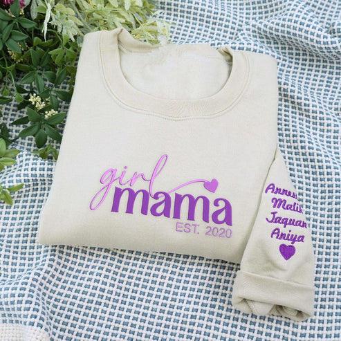 Girl Mama Sweatshirt or Hoodie with Kid Names on Sleeve - Embroidered Gift for Girl Mama