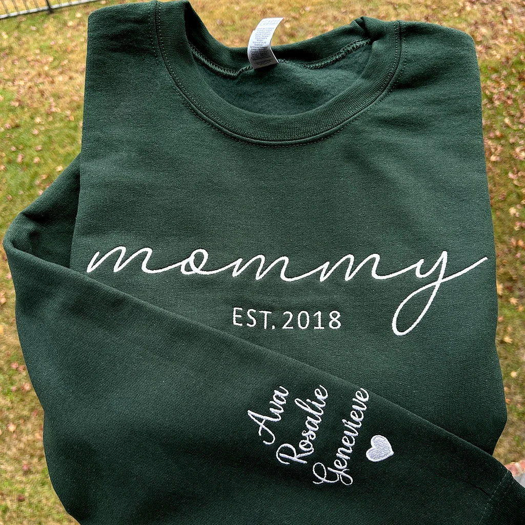 Custom Embroidered Mama Date Sweatshirt with Kids Names on Sleeve | for Mama and Grandma Gift | Mother's Day Gift