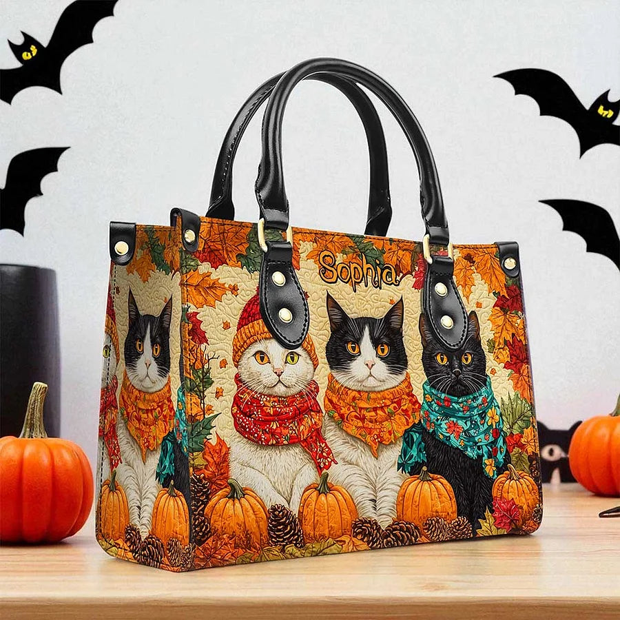 Quilt Fall Cat Leather Handbag Halloween