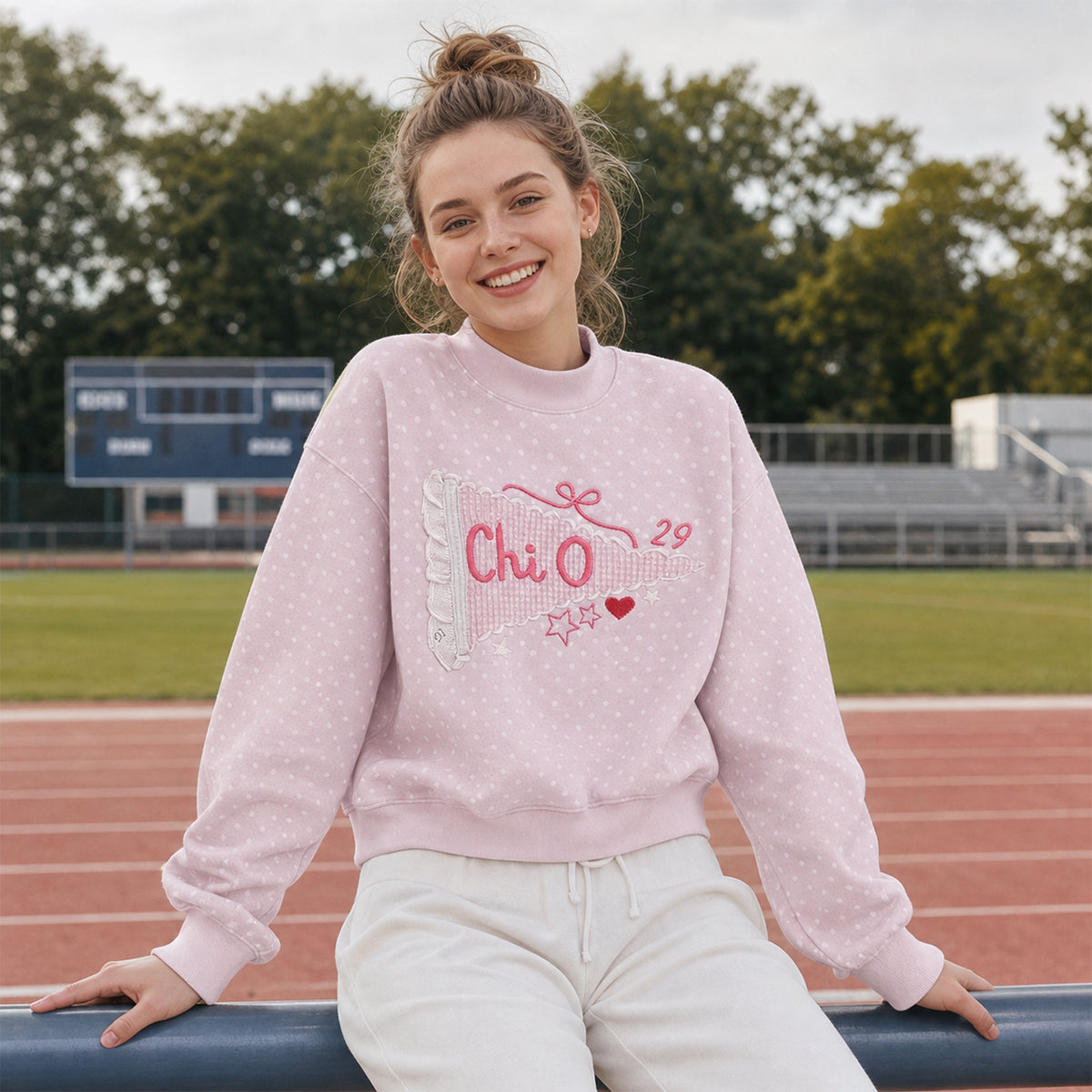 Custom Pennant Mock Neck Sweatshirt – Polka Dot Gingham Lace Applique Game Day Pullover | Game Day Wear