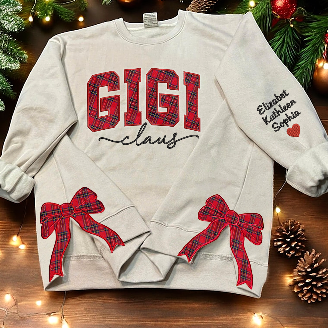 Custom Gigi Side Bow Applique Christmas Sweatshirt Embroidered For Grandma And Kids