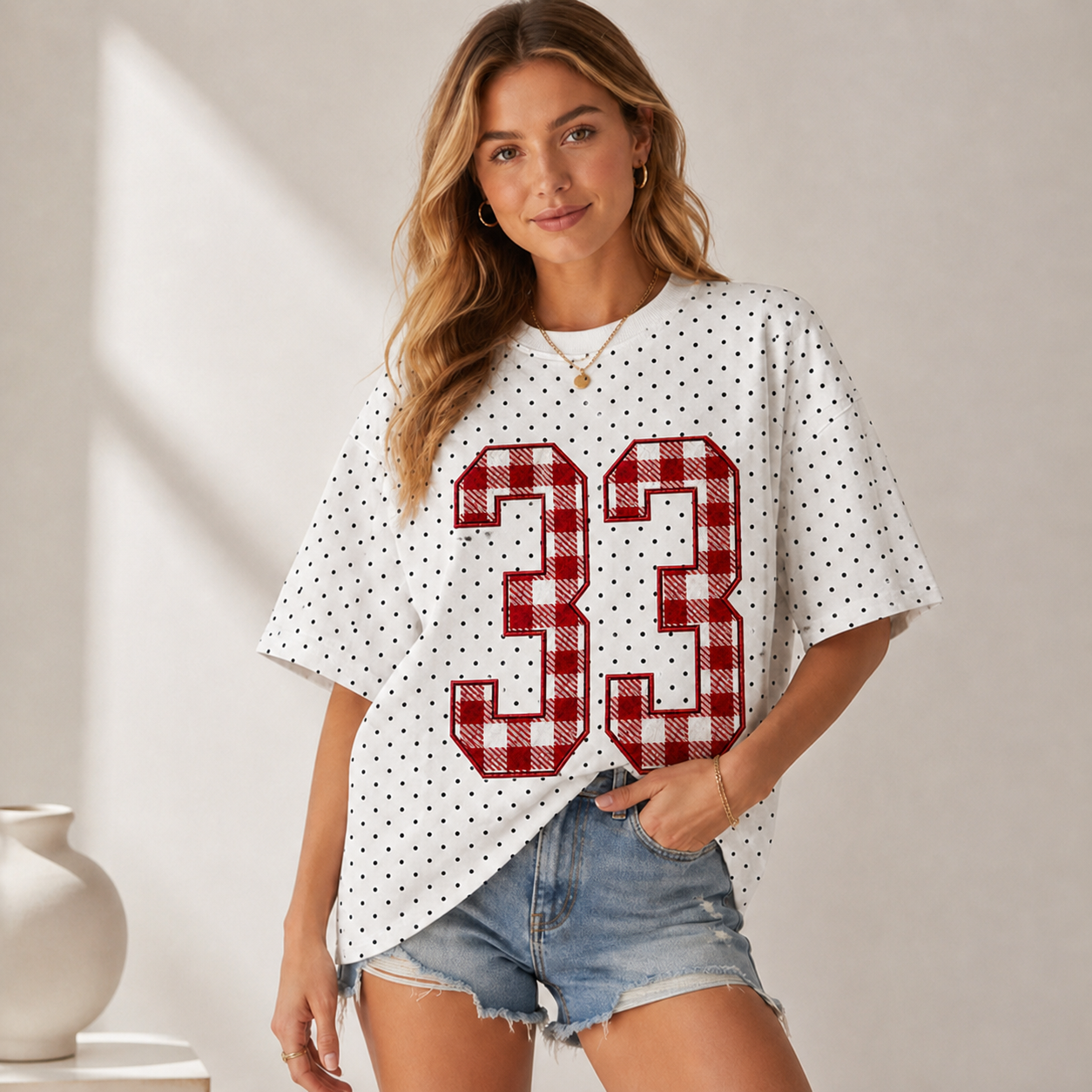 Custom Gingham Applique Embroidered Number or Letter Sport Team Polka Dot T-shirt | Game Day Wear