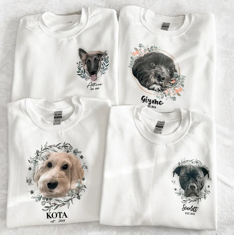 Personalized Custom Pet Dog Face Portrait Floral Wreath T-shirt Sweatshirt Hoodie For Pet Lovers