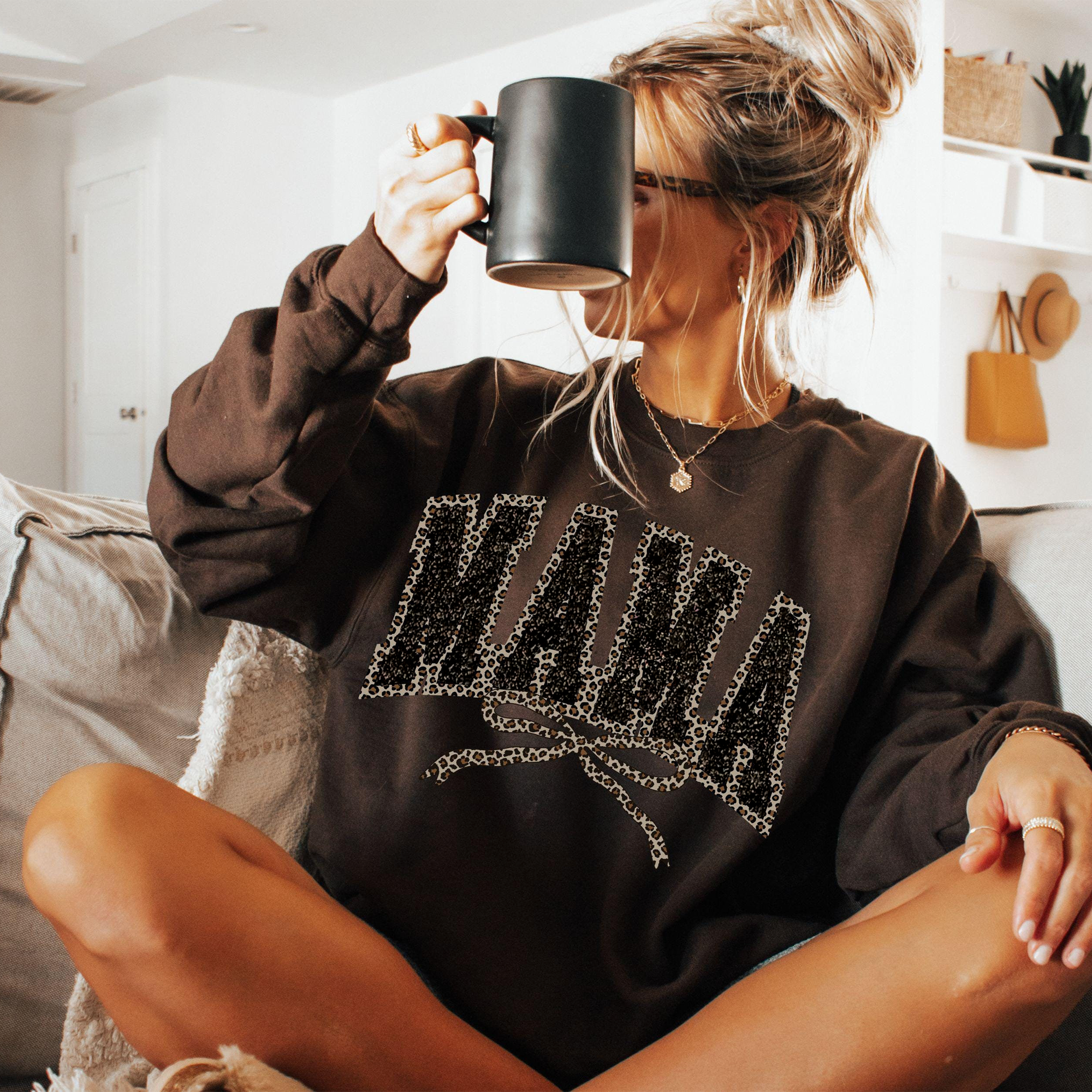 Custom Mom Leopard Bow Glitter Print Sweatshirt, Gift For MOM | Mother's Day Gift