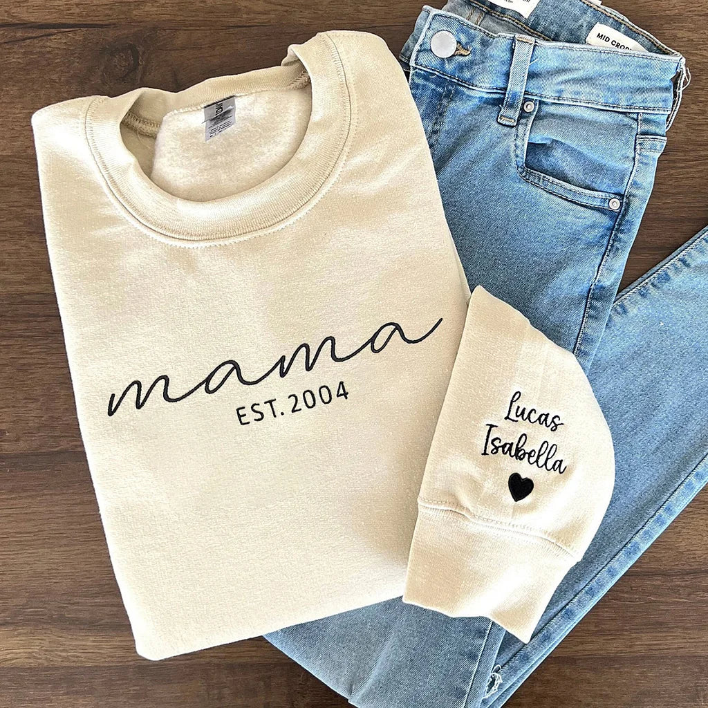 Custom Embroidered Mama Date Sweatshirt with Kids Names on Sleeve | for Mama and Grandma Gift | Mother's Day Gift
