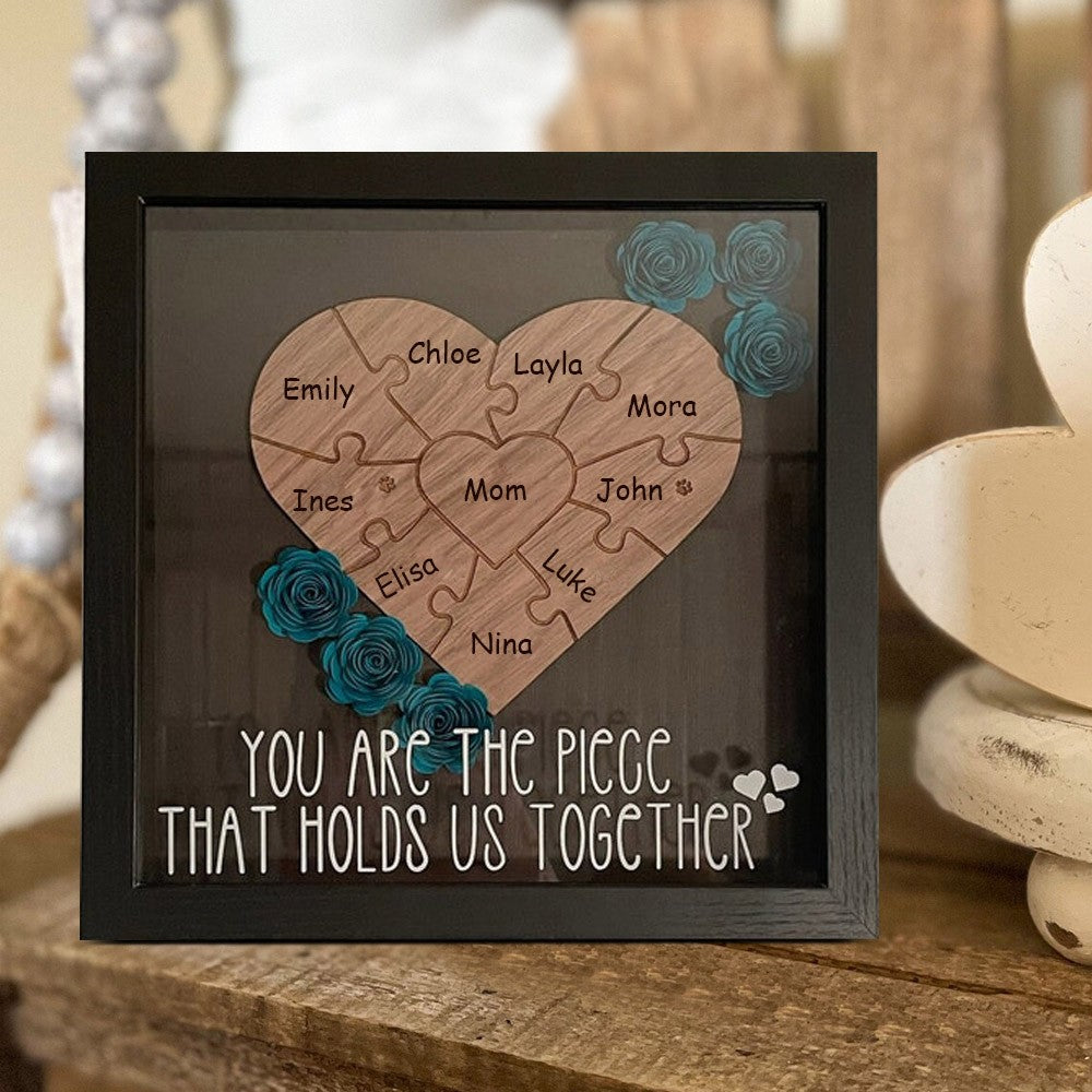 Personalized Mom Flower Shadow Box Heart Name Puzzle Piece For Mother's Day