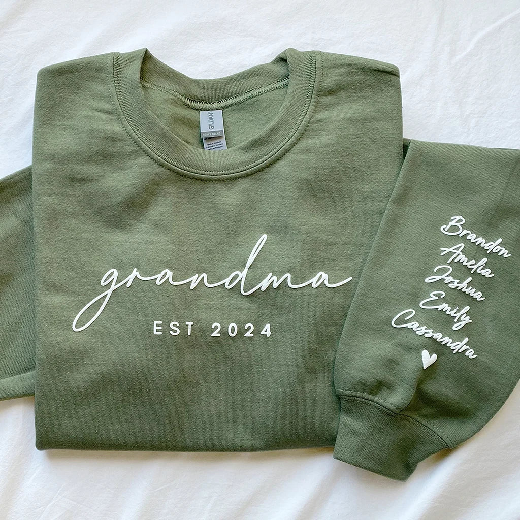 Custom Puff Print Sweatshirt Est Year with Kids Names on Sleeve | for Mama and Grandma Gift