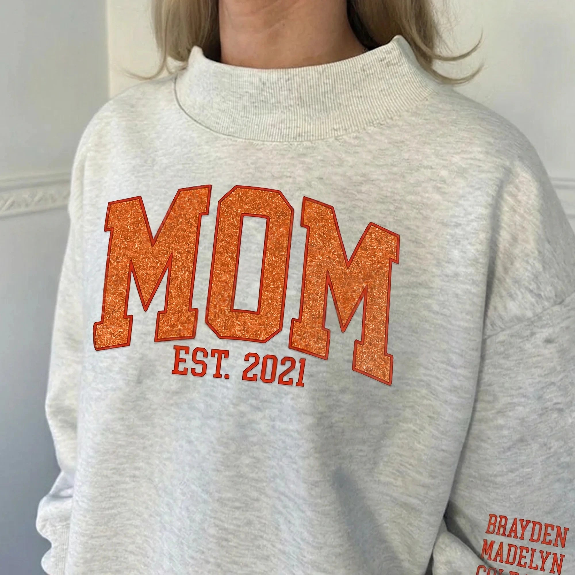 Glitter MAMA Embroidered Stand Collar Sweatshirt – Sparkle Letter Mom Pullover, Washed Cotton Mother’s Day Gift for Mom & Women | Mother's Day Gift