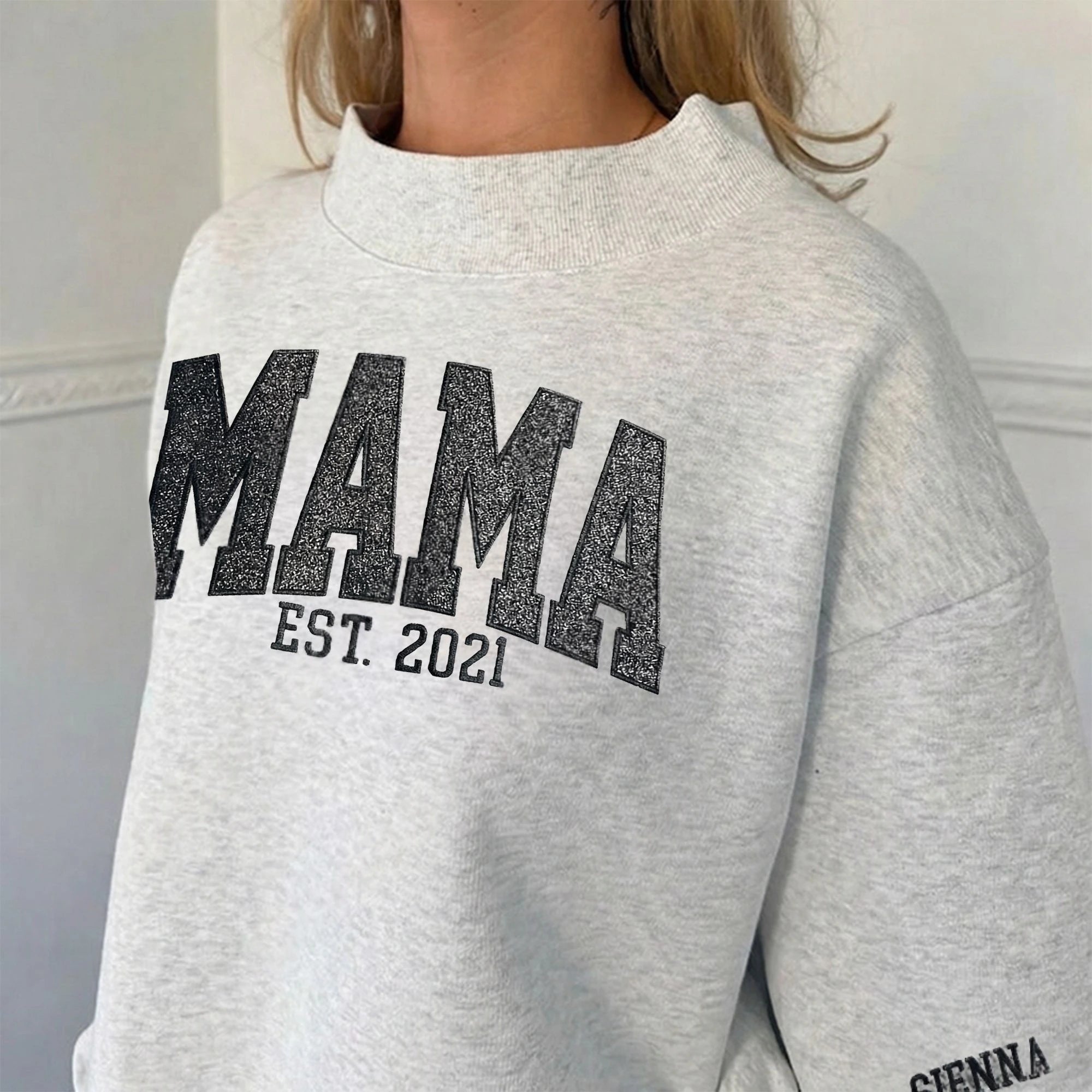 Glitter MAMA Embroidered Stand Collar Sweatshirt – Sparkle Letter Mom Pullover, Washed Cotton Mother’s Day Gift for Mom & Women | Mother's Day Gift