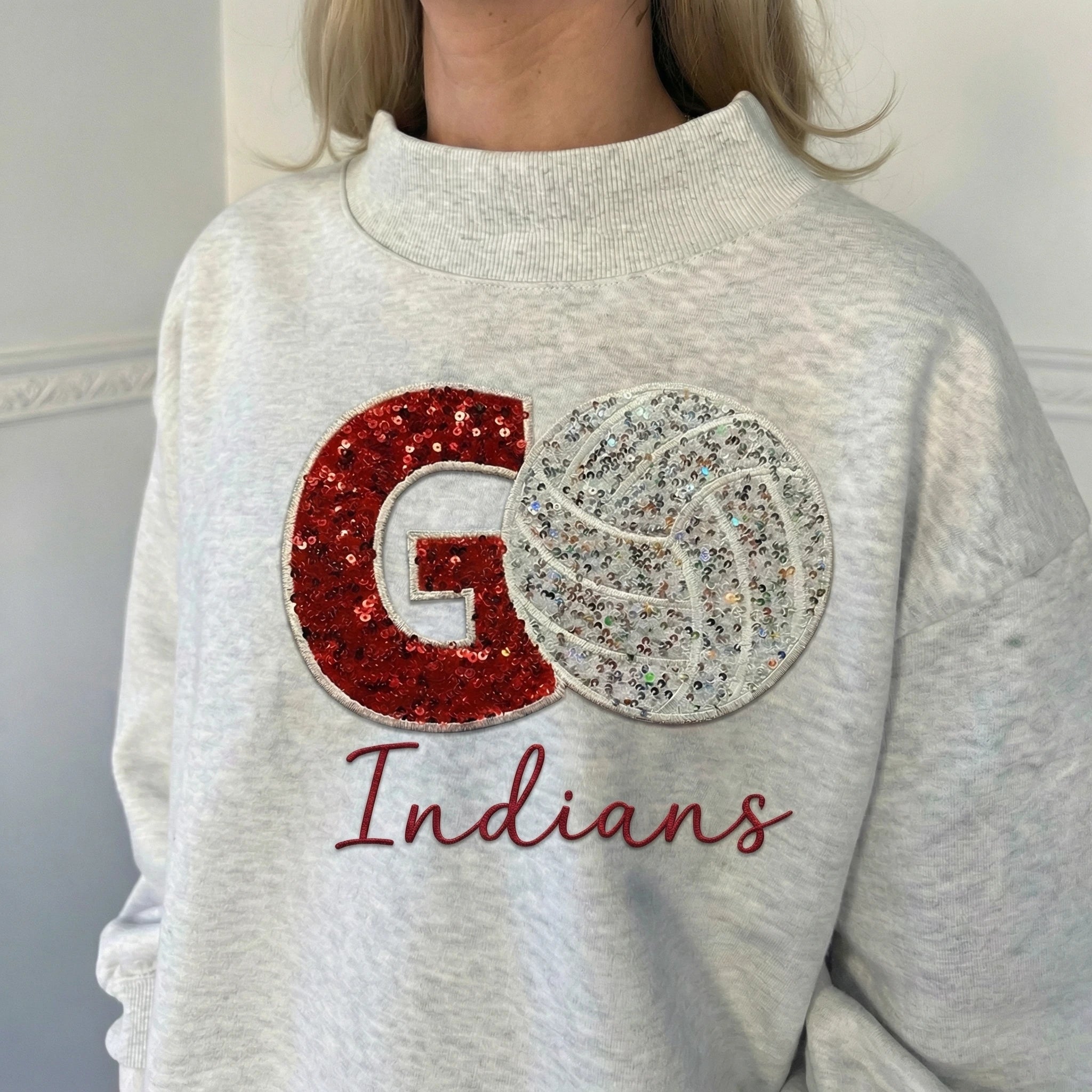 Custom Game Day Volleyball Mockneck Sweatshirt – Sequin Varsity Letter | Gifts for Sports