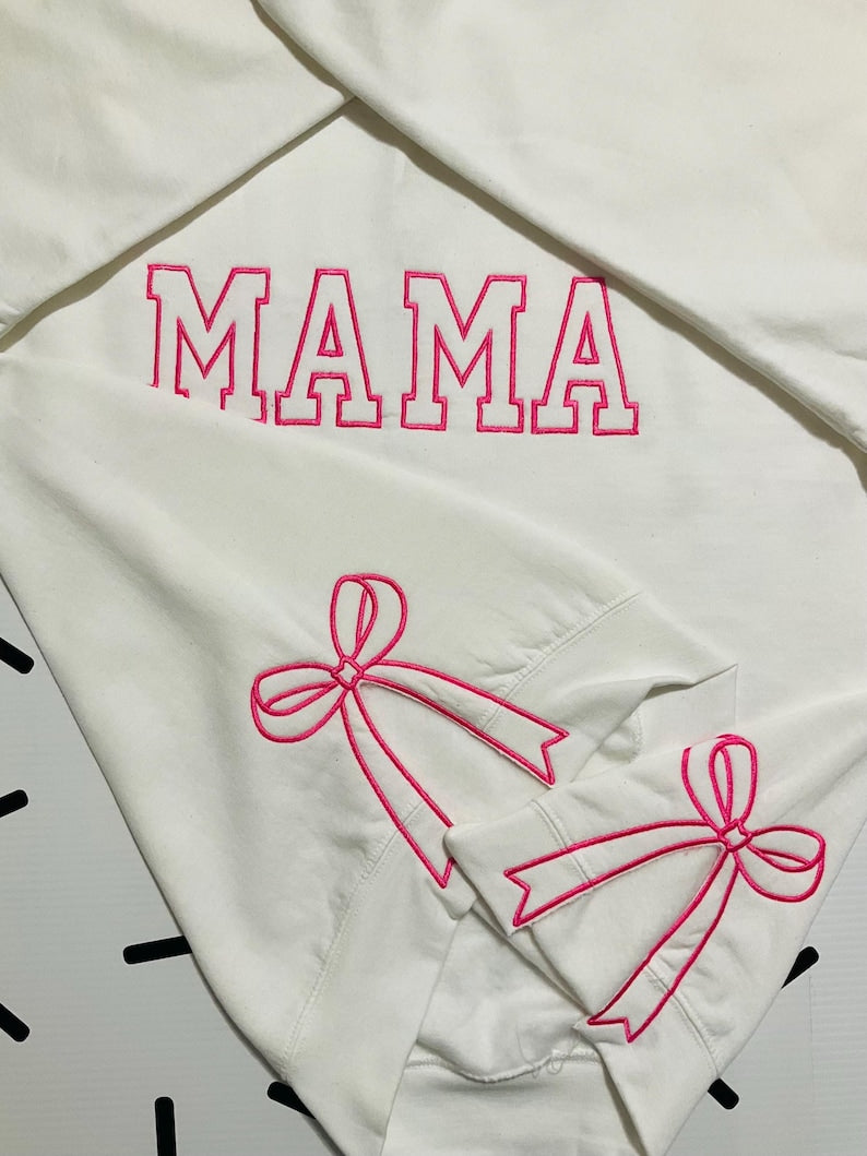 Custom Embroidered Mom Sweatshirt With Side Bow Design | Mother's Day Gift