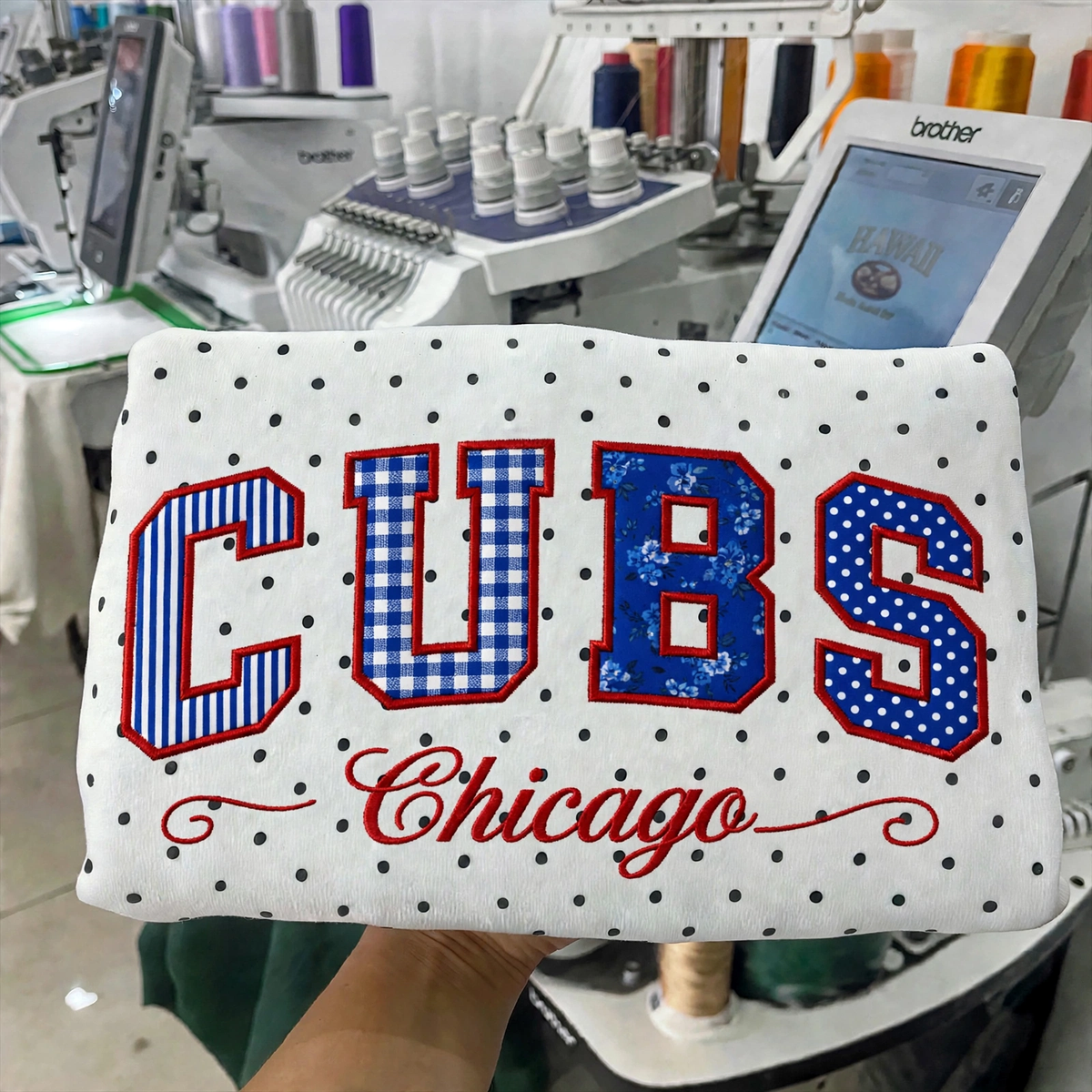 Custom Embroidered Patchwork Mix Fabric Baseball Team Polka Dot Sweatshirt | Game Day Wear