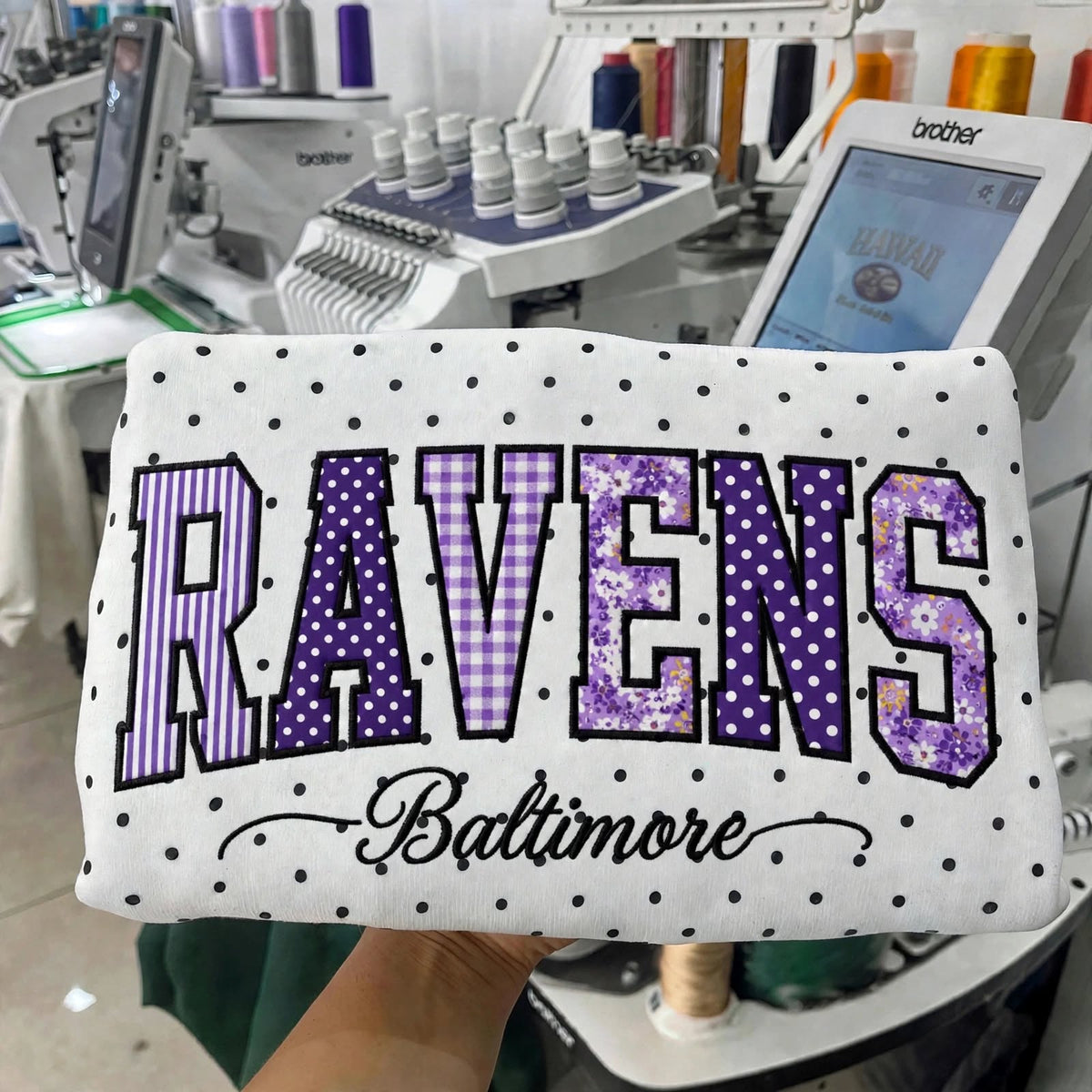 Custom Patchwork Fabric Embroidered Football Team Polka Dot Sweatshirt Game Day Wear