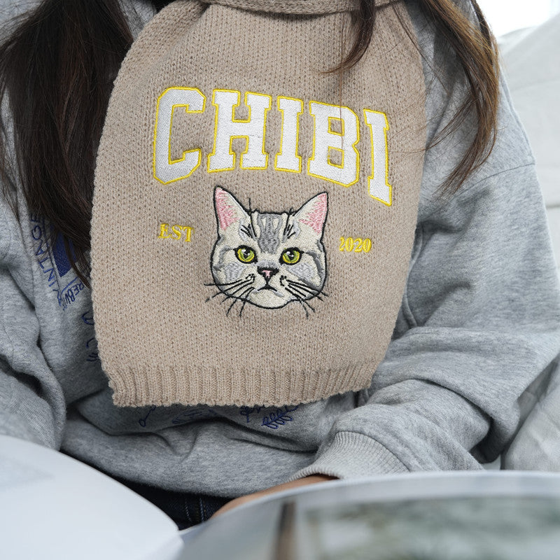Custom Embroidered Cat Portrait Woven Scarf With Name | Gift For Pet Lovers