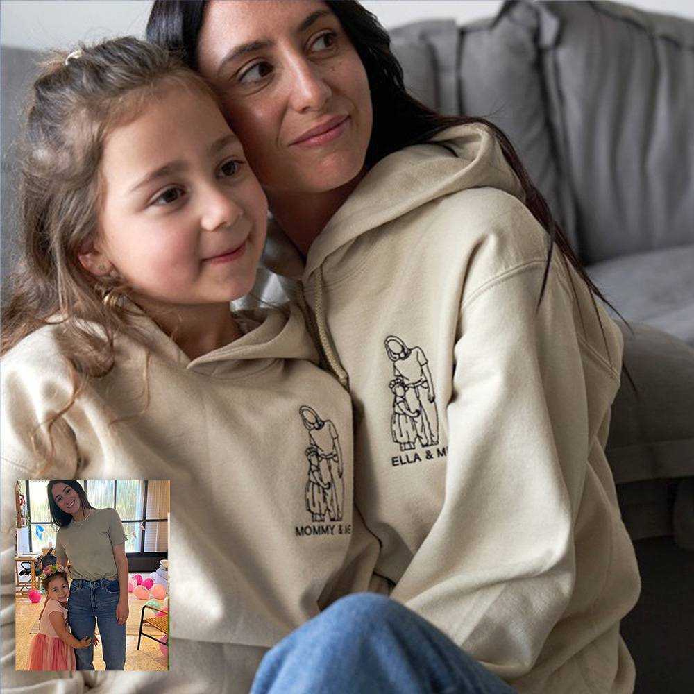 Custom Photo Outline Art Embroidered Mom Hoodie Sweatshirt/T-shirt-Gift for Mom