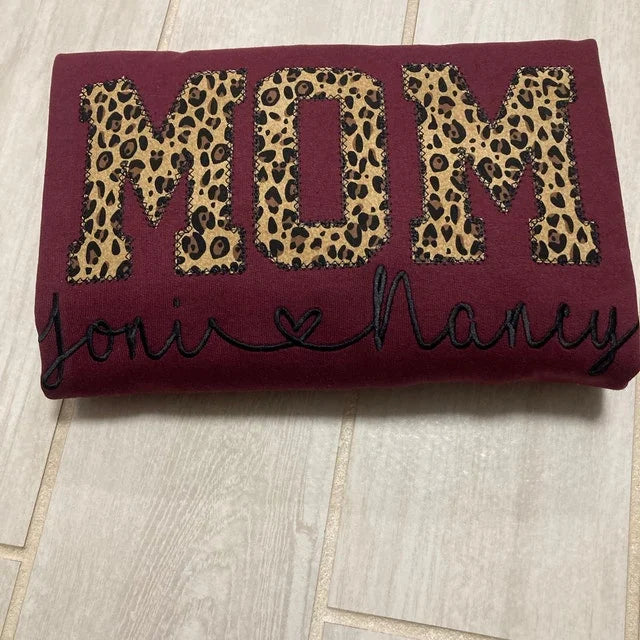 Custom Mama Embroidered Leopard Applique Sweatshirt With Children Name | Mother's Day Gift