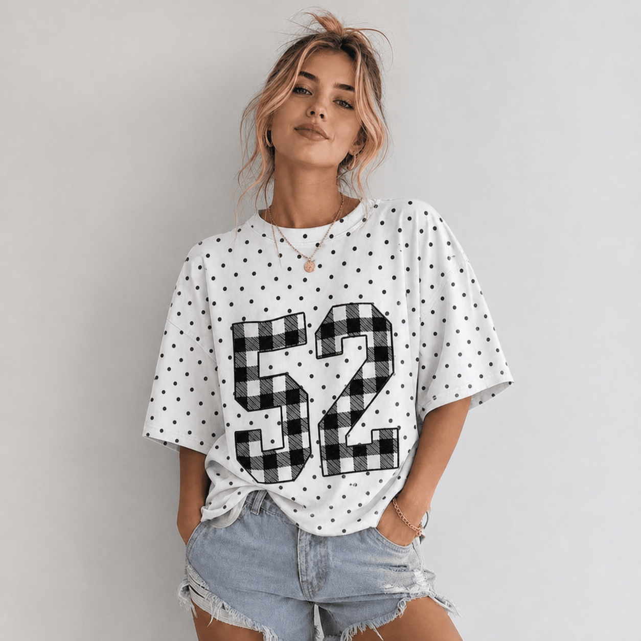 Custom Gingham Applique Embroidered Number or Letter Sport Team Polka Dot T-shirt | Game Day Wear