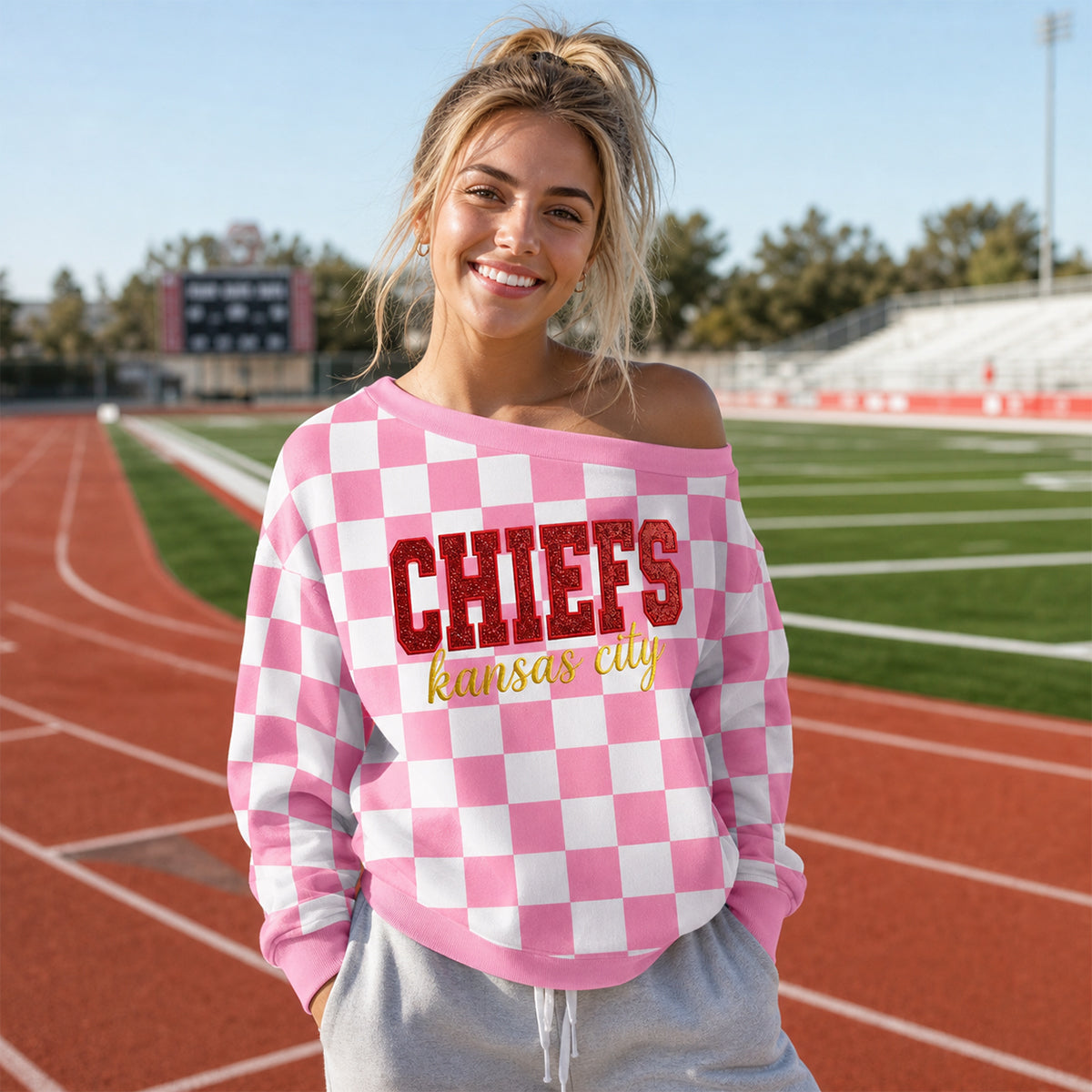 Custom Checkered Off-Shoulder Sweatshirt | Glitter Vinyl Team Spirit Shirt | Game Day Football Mom Apparel