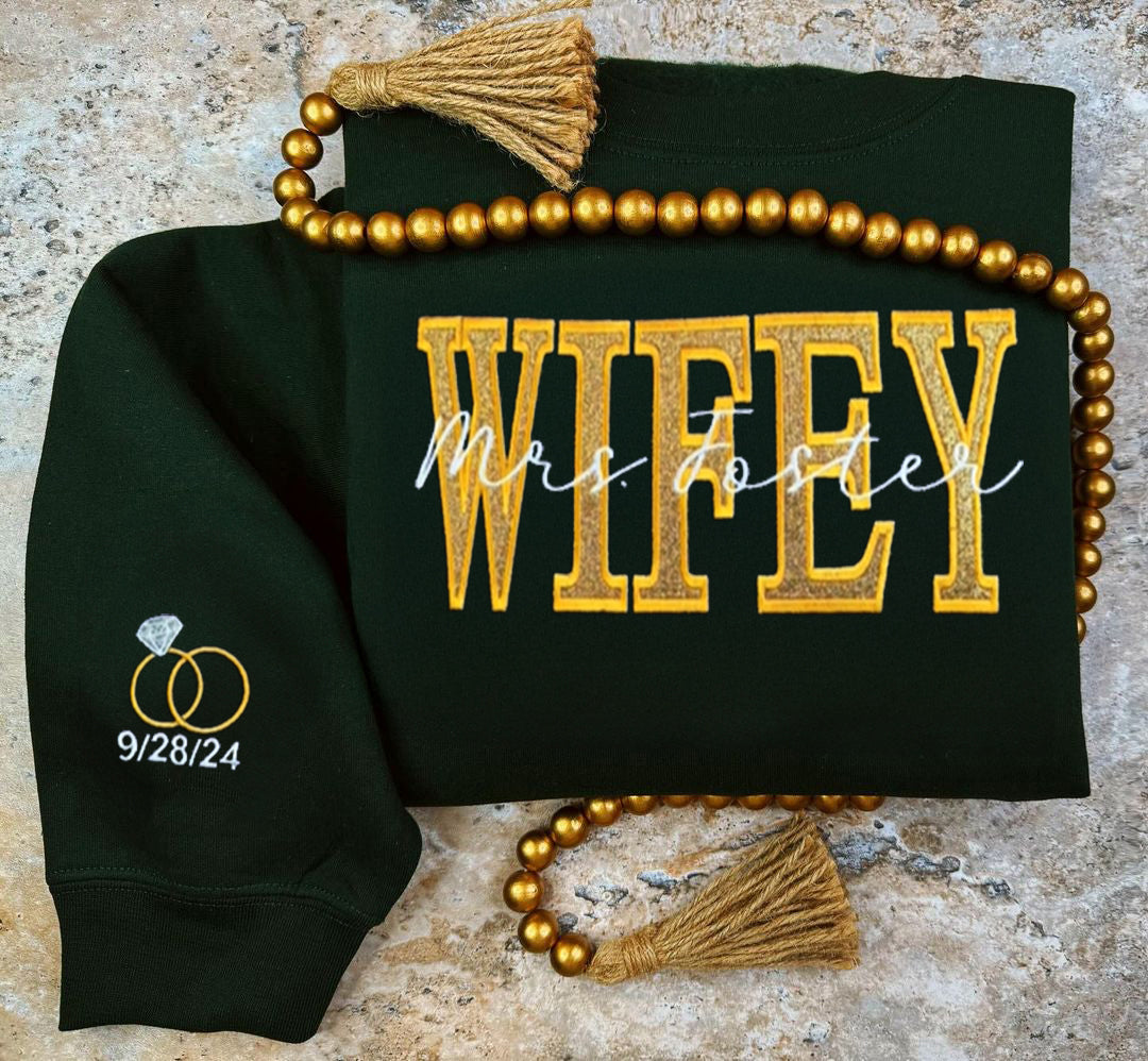 Personalize Custom Embroidered Glitter Wifey Sweatshirt With Name And Number On The Sleeve