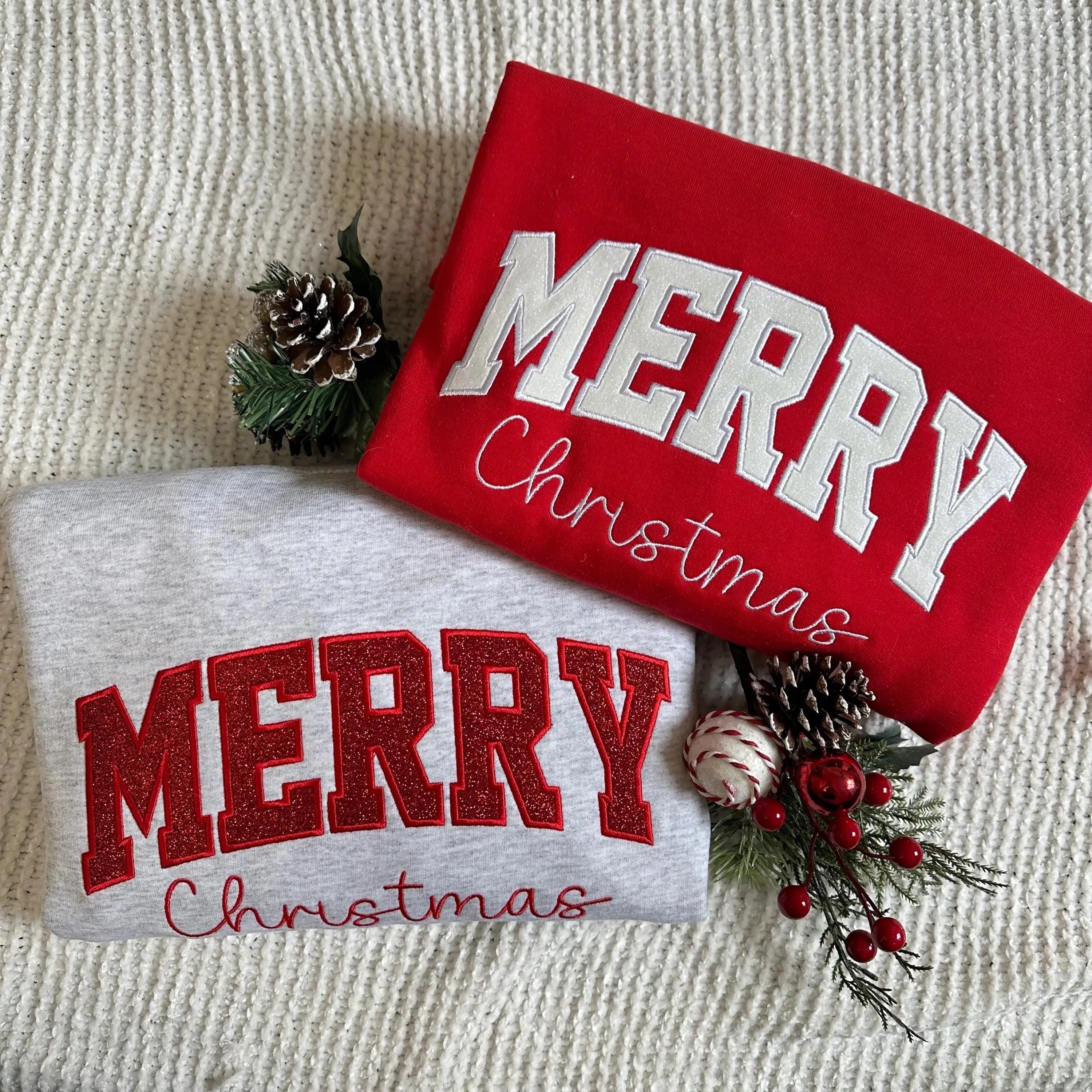 Merry Christmas Appliqué Embroidered Sweatshirt Glitter Gift Holiday Red Grey Holiday Crewneck Embroidery