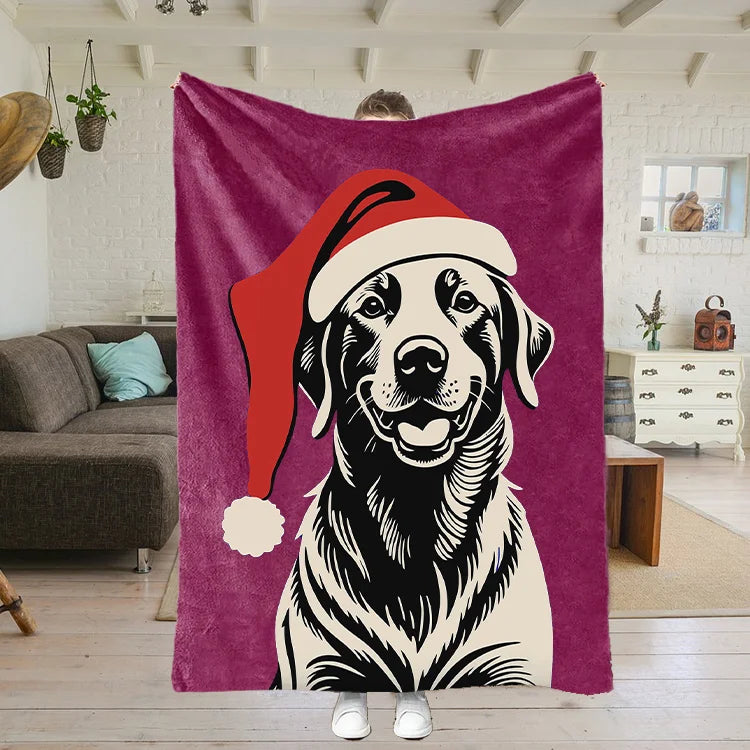 Custom Pet Portrait Blanket – Vintage Black Art Style with Santa Hat