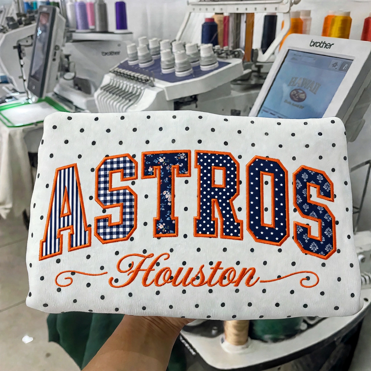 Custom Embroidered Patchwork Mix Fabric Baseball Team Polka Dot Sweatshirt | Game Day Wear