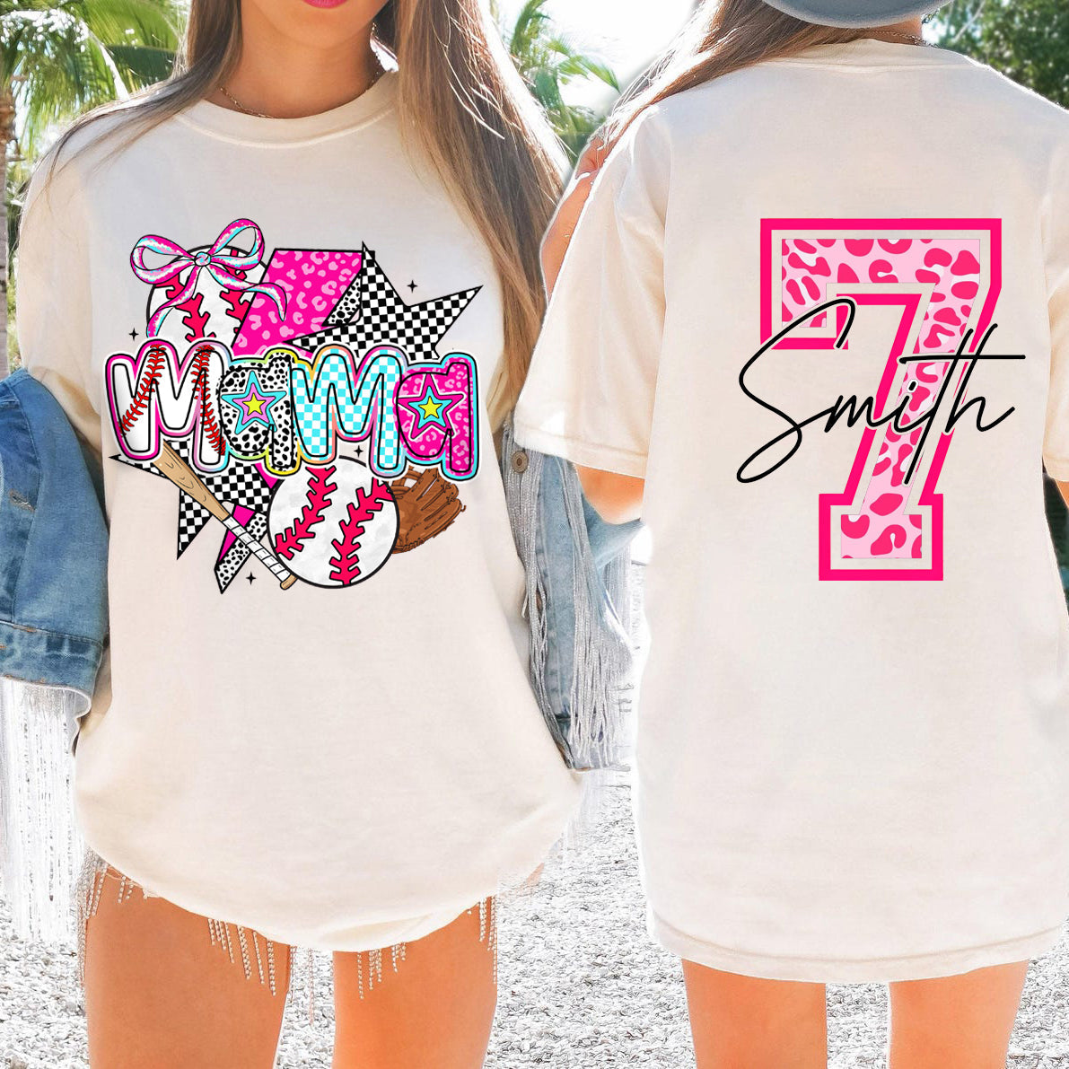 Personalized Baseball Mama Pink Leopard Checkered Pattern Cheer T-shirt | Gifts for Sports Mom