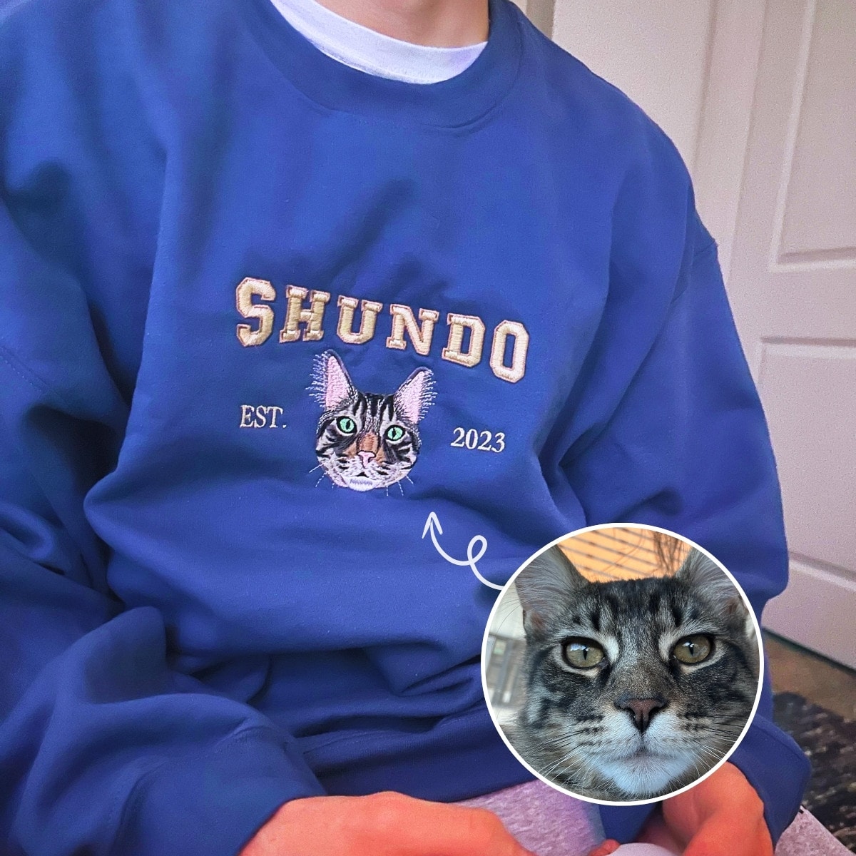 Custom Embroidered Varsity Cat Face Sweatshirt from Photo, Personalized Gift for Cat Lover