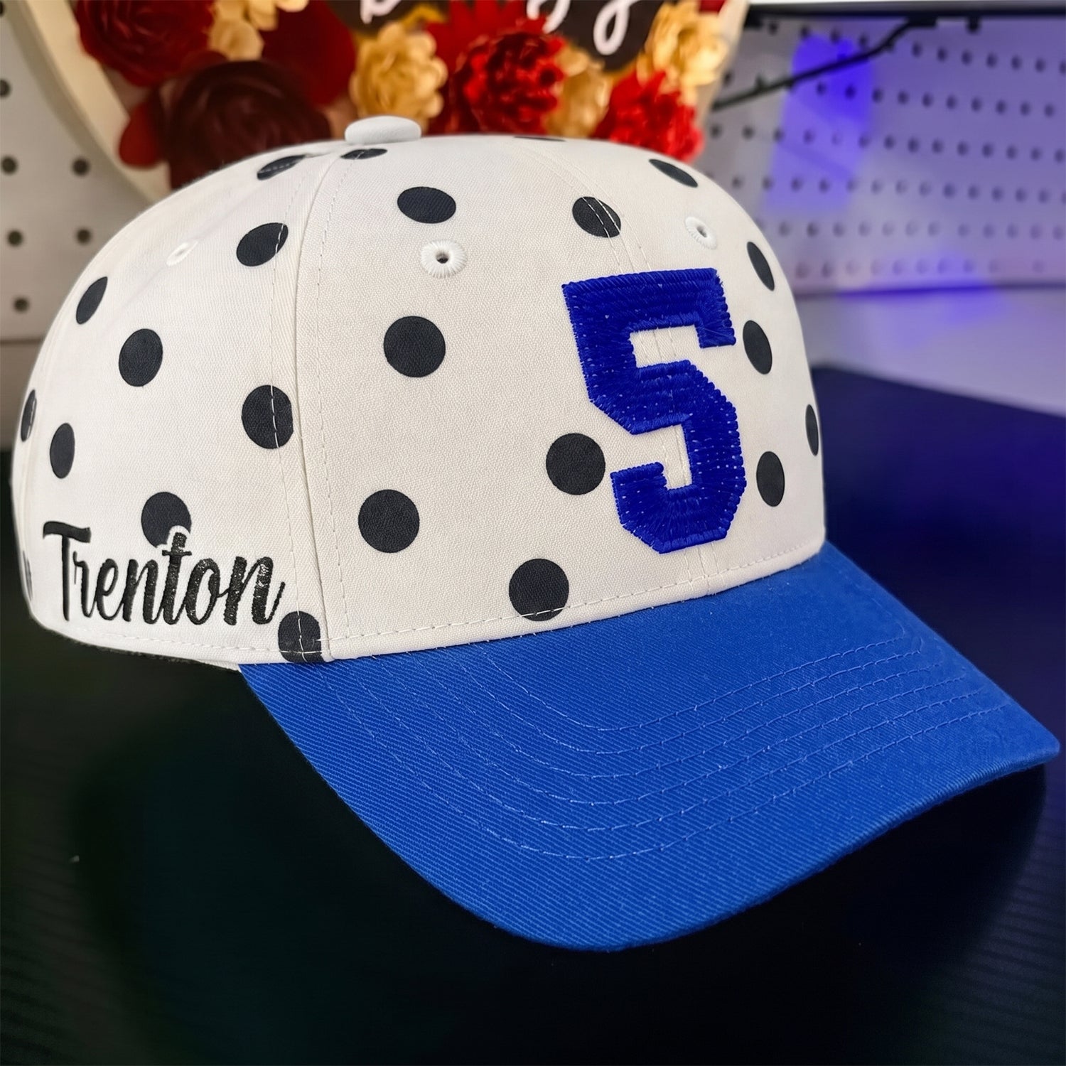 Custom Rhinestone Number Polka Dot Baseball Cap – Personalized Game Day Hat for Sports Mom