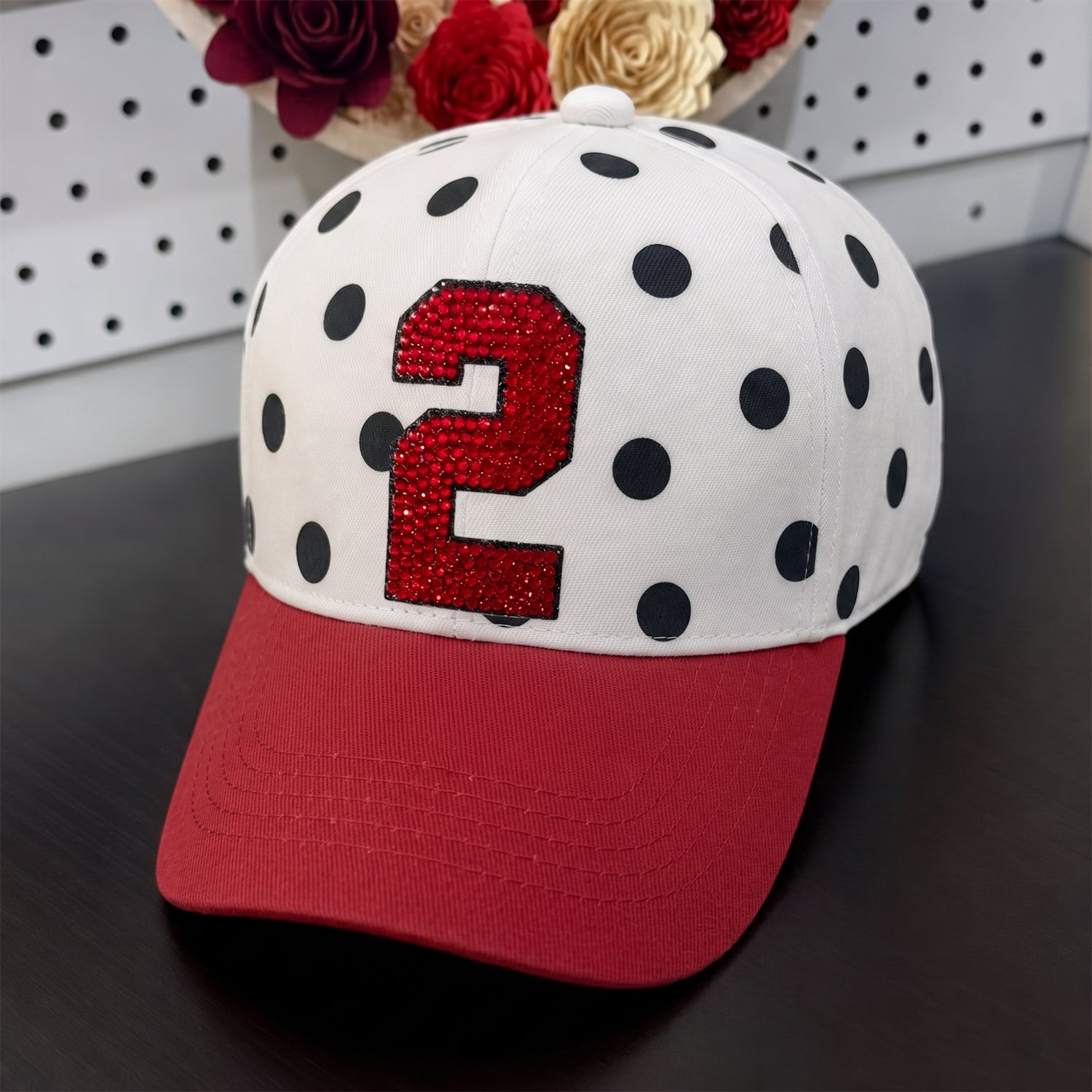 Custom Rhinestone Number Polka Dot Baseball Cap – Personalized Game Day Hat for Sports Mom