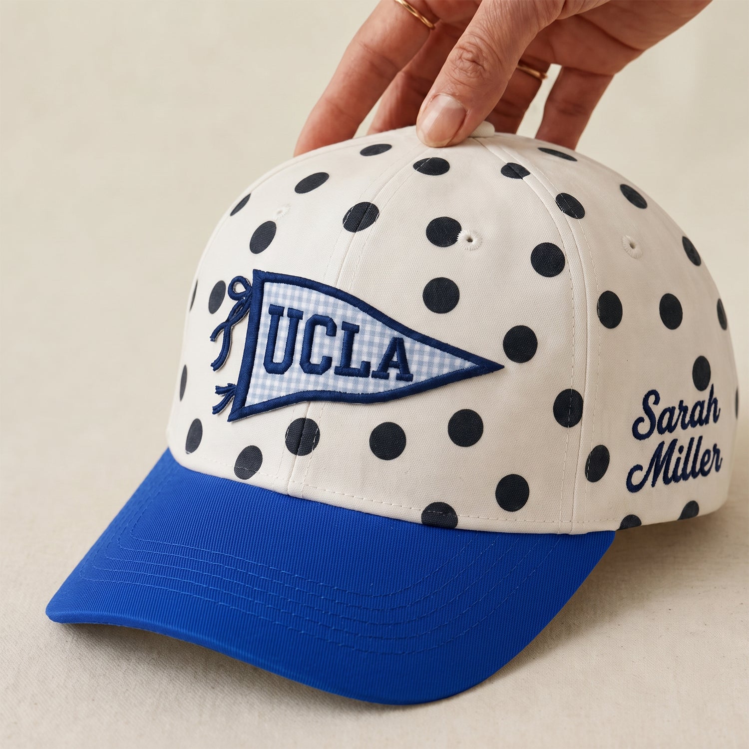 Custom University Polka Dot Pennant Cap – Personalized Gameday Hat with Color-Contrast Brim