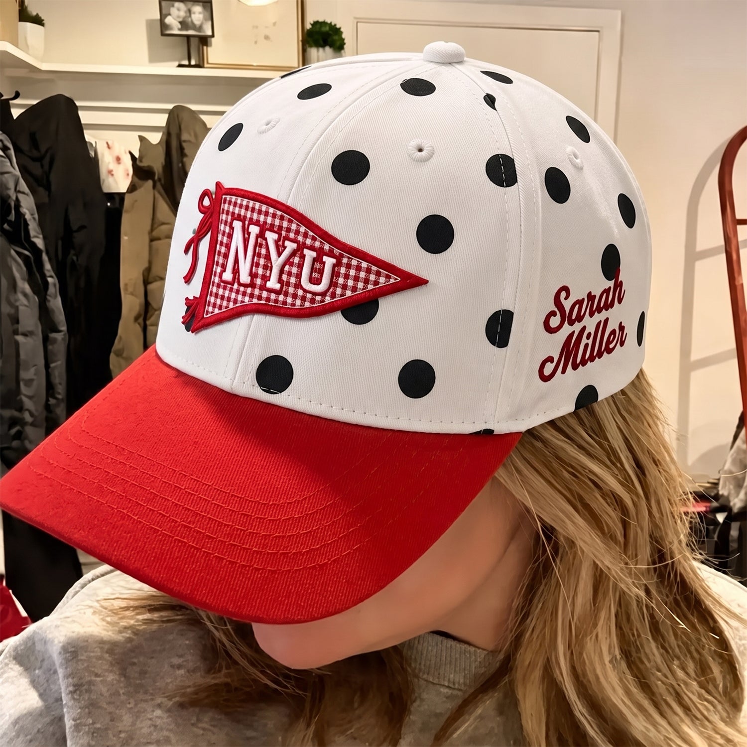 Custom University Polka Dot Pennant Cap – Personalized Gameday Hat with Color-Contrast Brim