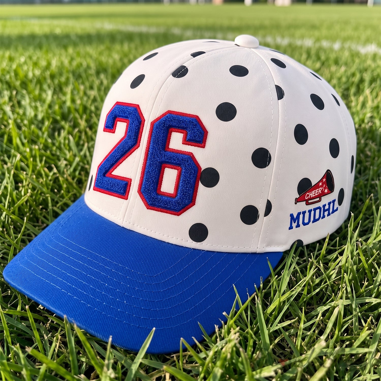 Custom Polka Dot Baseball Cap with Solid Brim – Personalized Number Puff Embroidery Game Day Hat