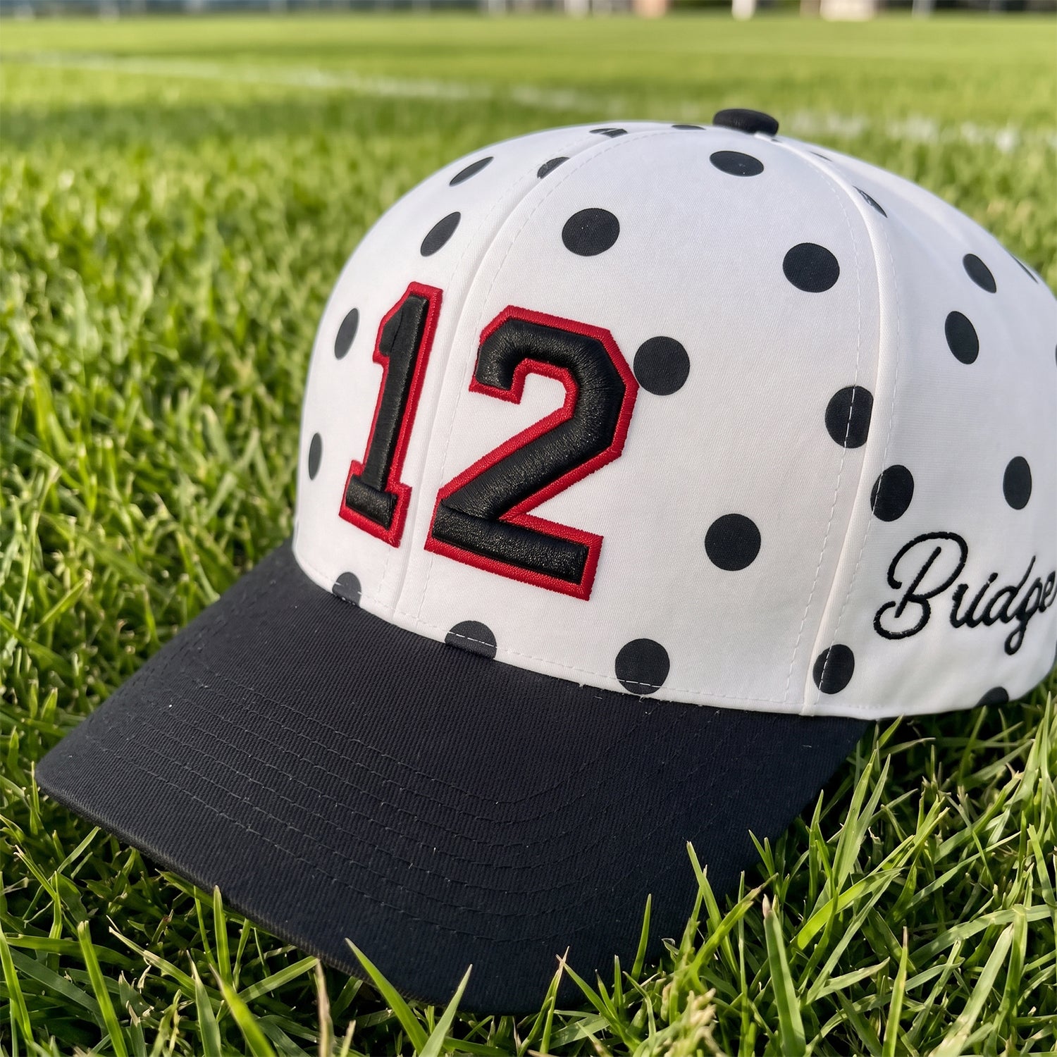 Custom Polka Dot Baseball Cap with Solid Brim – Personalized Number Puff Embroidery Game Day Hat