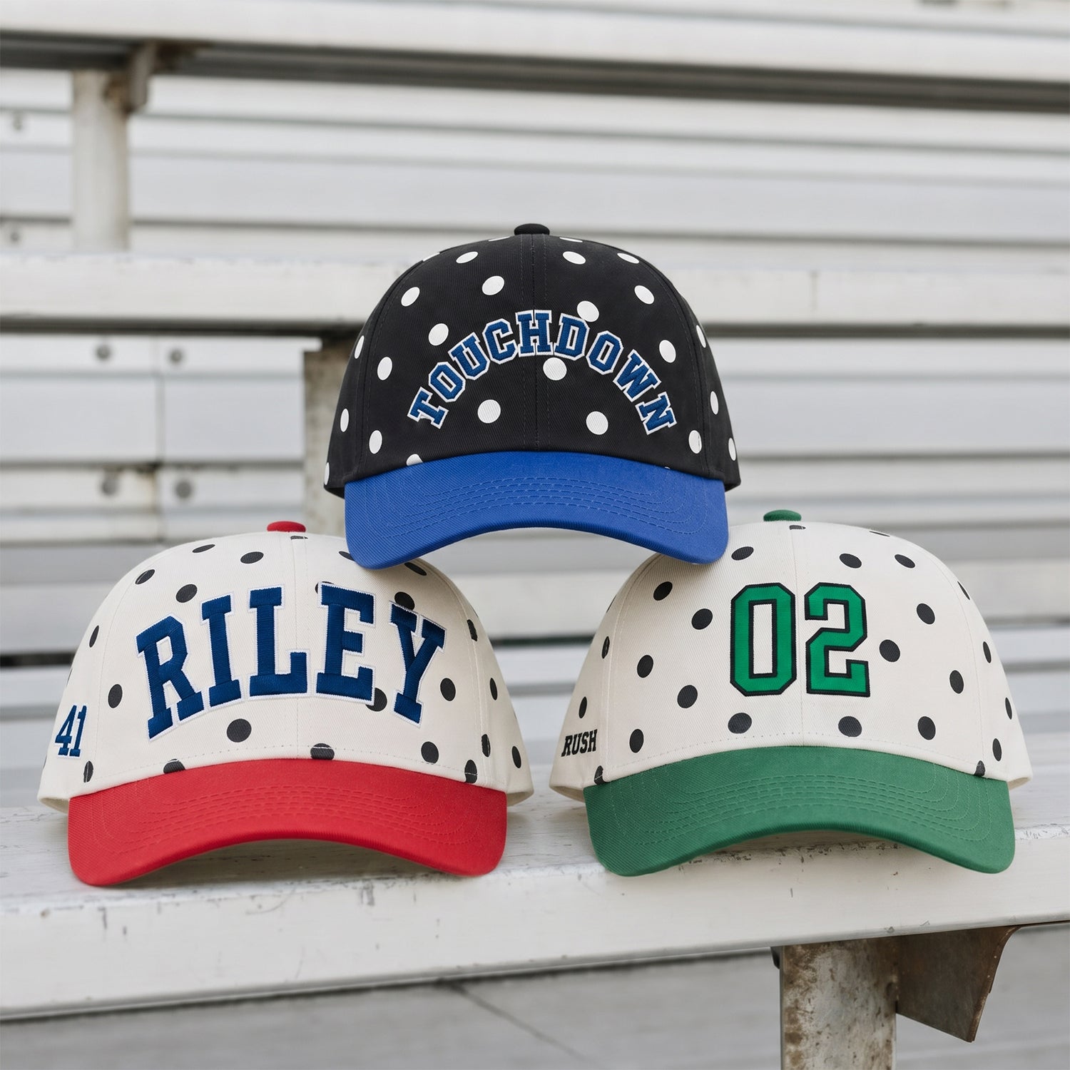 Personalized Polka Dot Baseball Cap with Solid Brim - Custom Name & Number Embroidered Hat