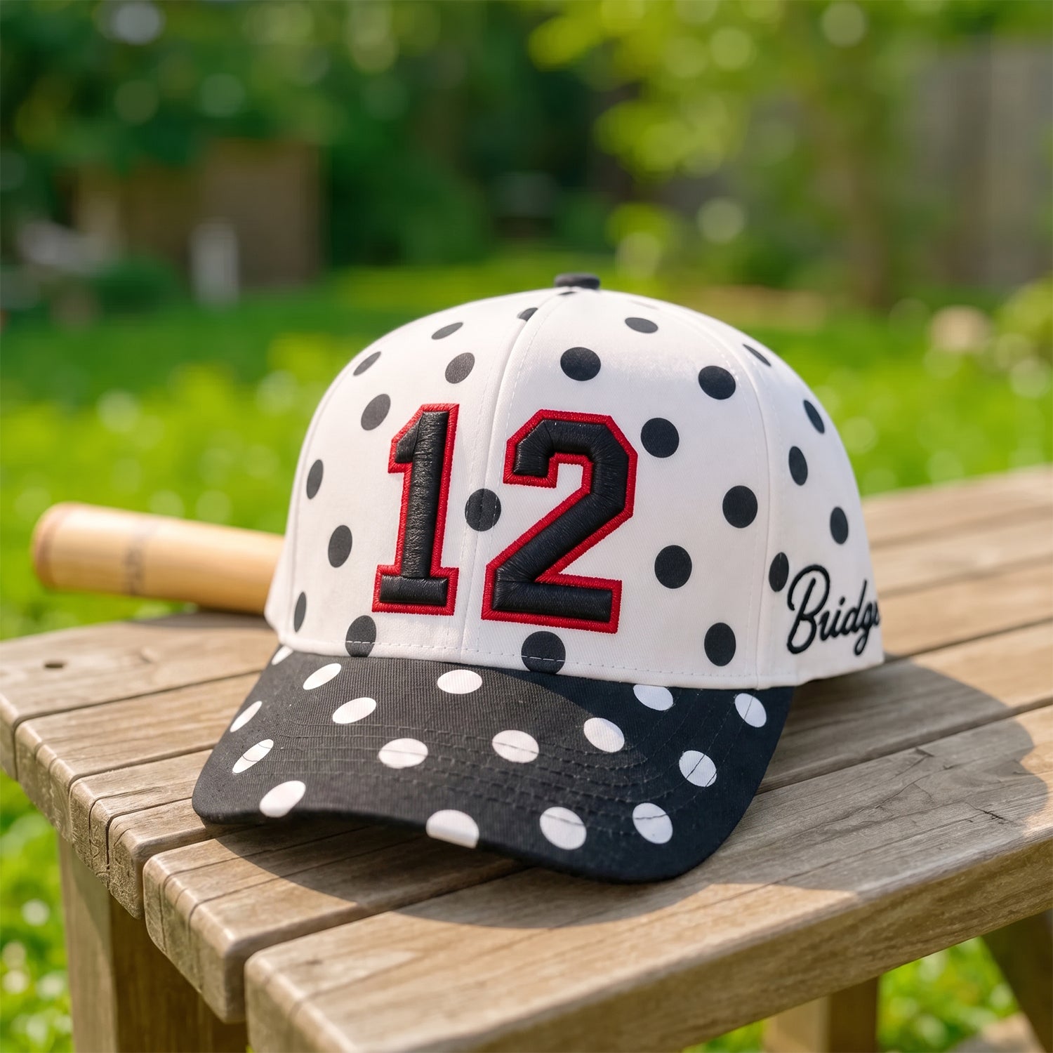 Custom Two-Tone Polka Dot Baseball Cap – Personalized 3D Puff Number Embroidery & Contrast Brim