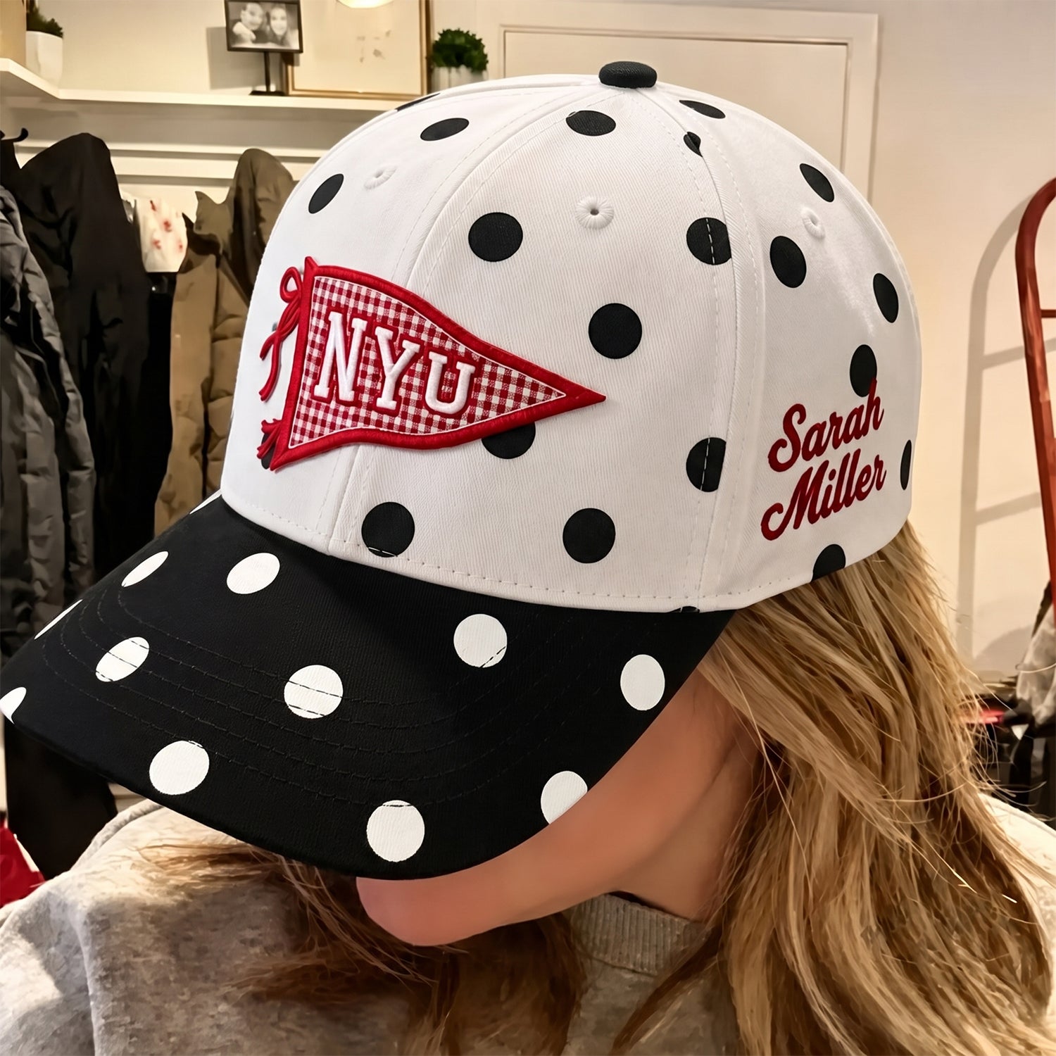 Custom University Polka Dot Pennant Hat – Reversible Brim Applique Embroidered Gameday Cap | Personalized Team Spirit Baseball Hat