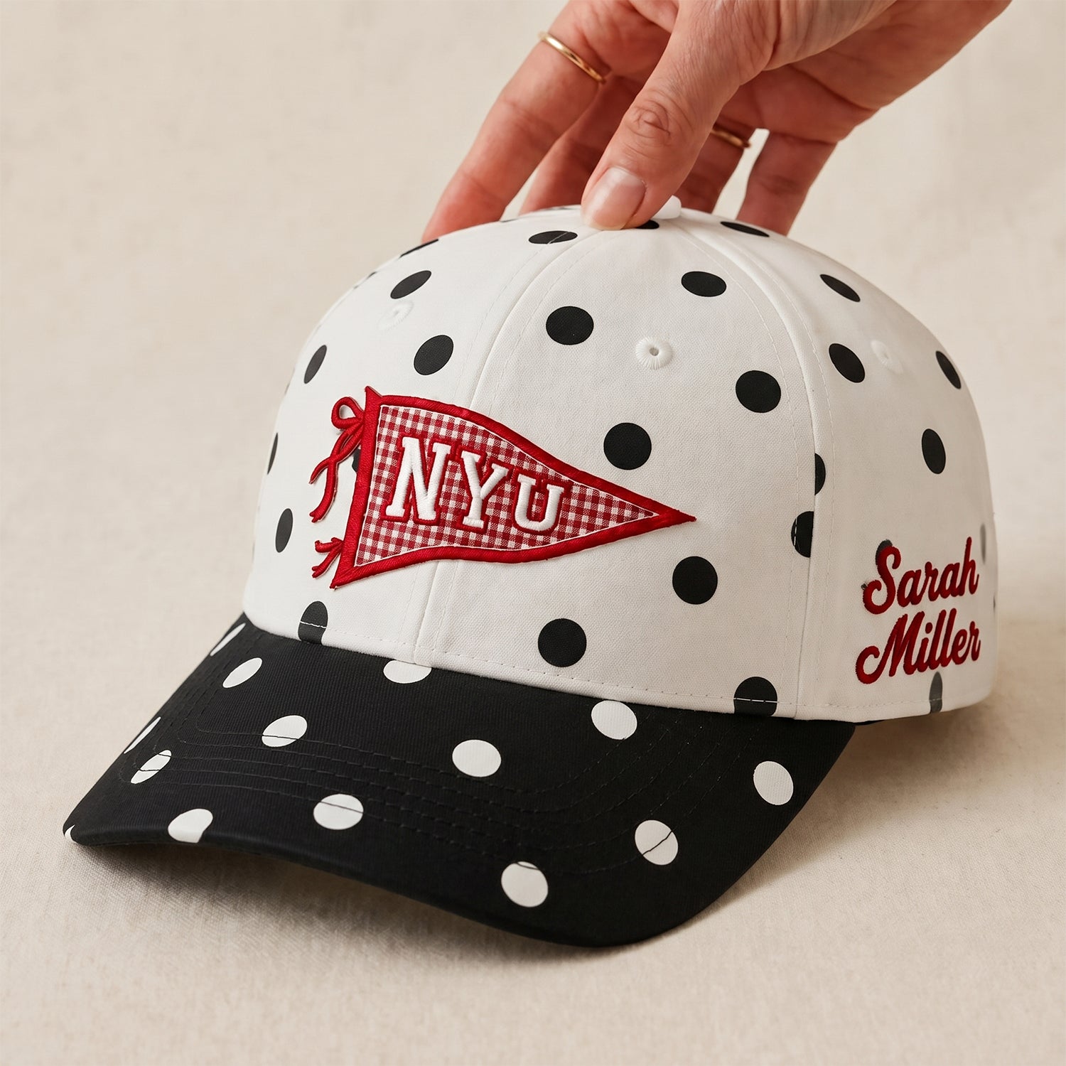 Custom University Polka Dot Pennant Hat – Reversible Brim Applique Embroidered Gameday Cap | Personalized Team Spirit Baseball Hat