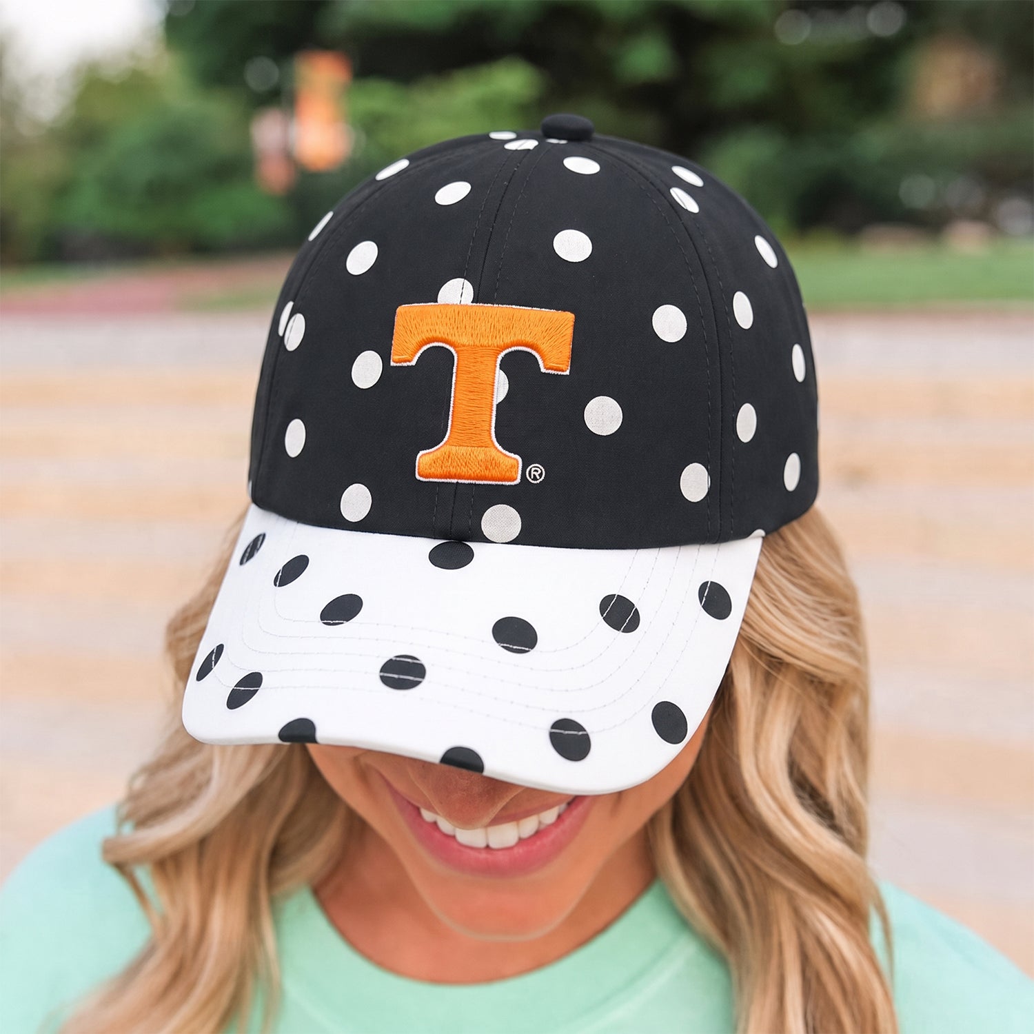 Two-Tone Polka Dot Baseball Cap - Reversible Brim Design | Custom Letter Embroidered Game Day Hat
