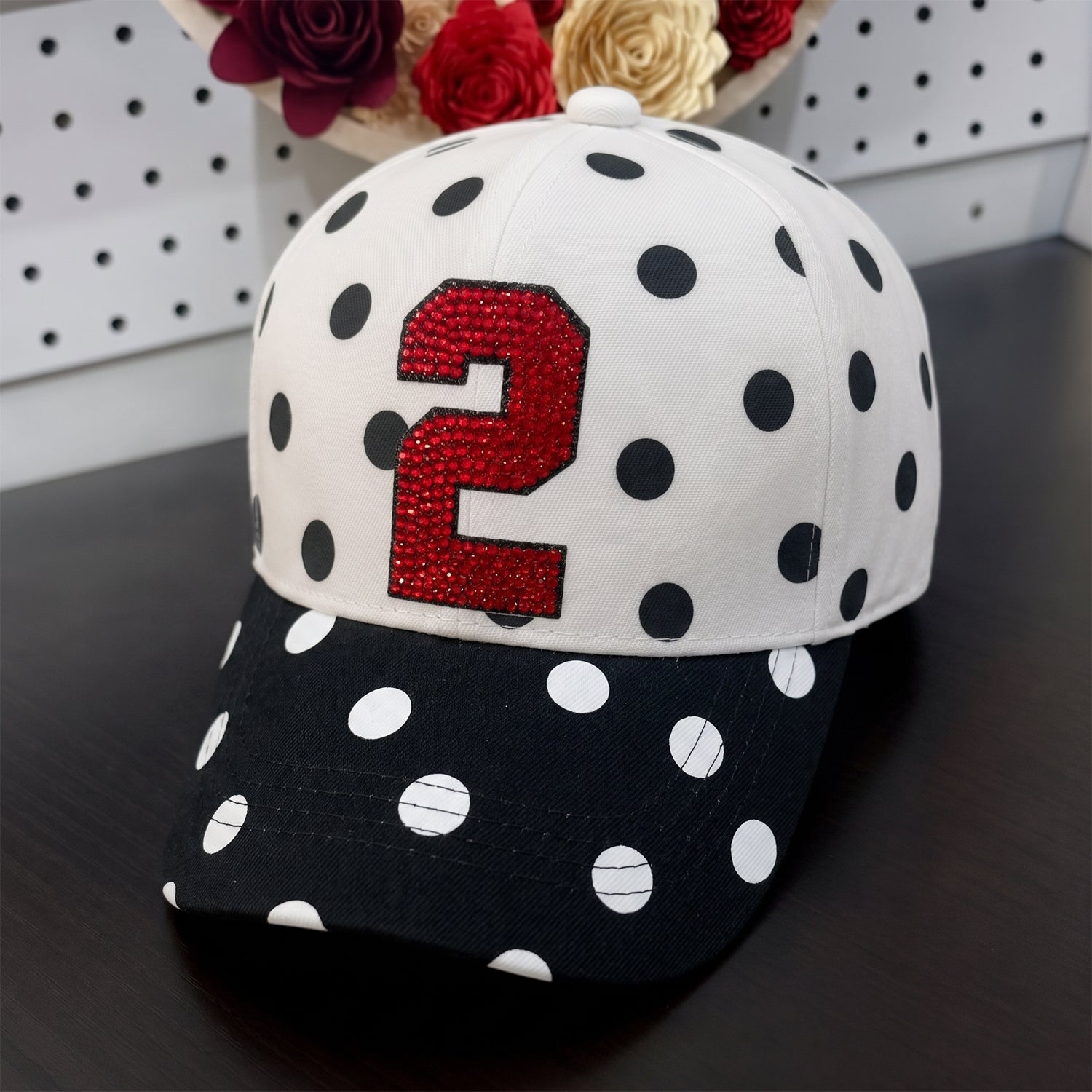 Two-Tone Polka Dot Baseball Cap, Contrast Brim Custom Bling Rhinestone Game Day Hat – Personalized Sports Cap