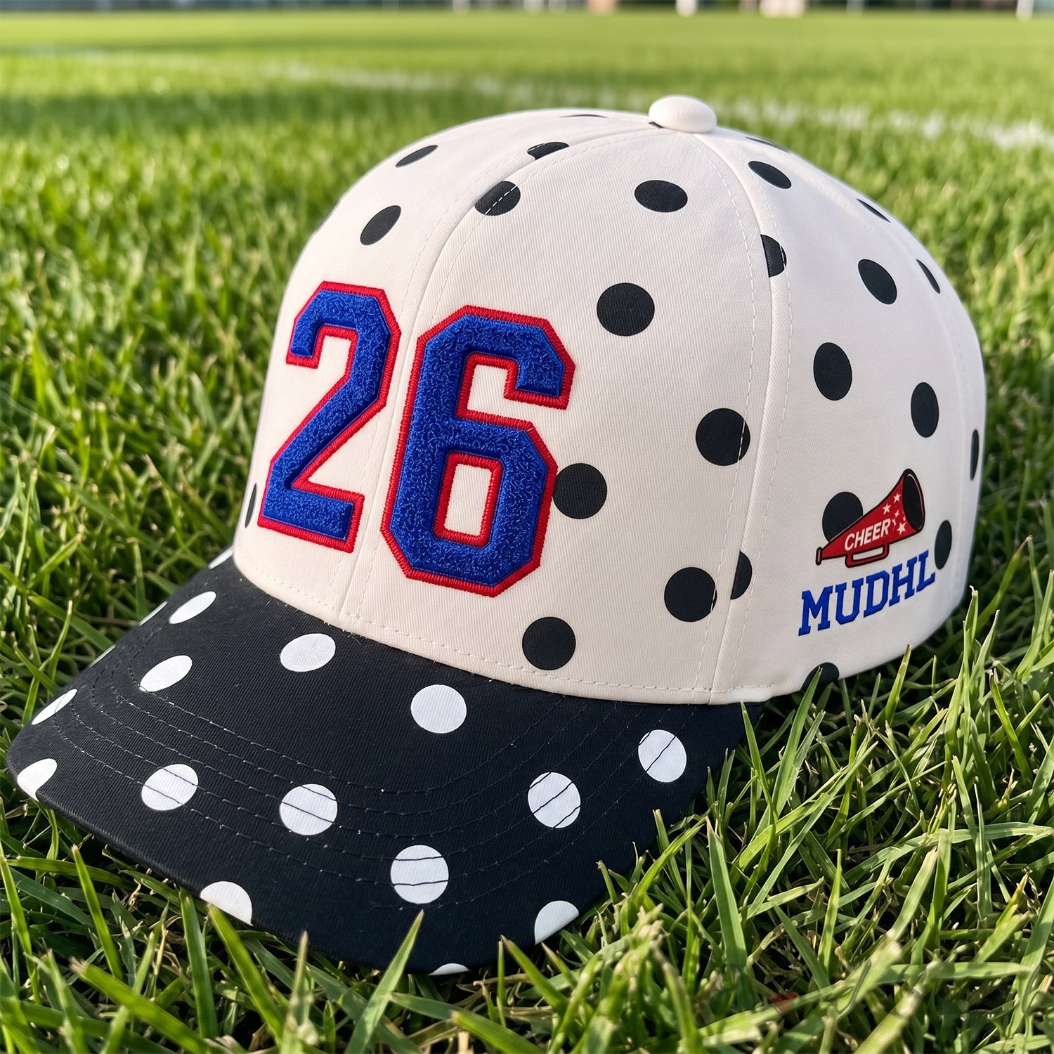 Custom Two-Tone Polka Dot Baseball Cap – Personalized 3D Puff Number Embroidery & Contrast Brim