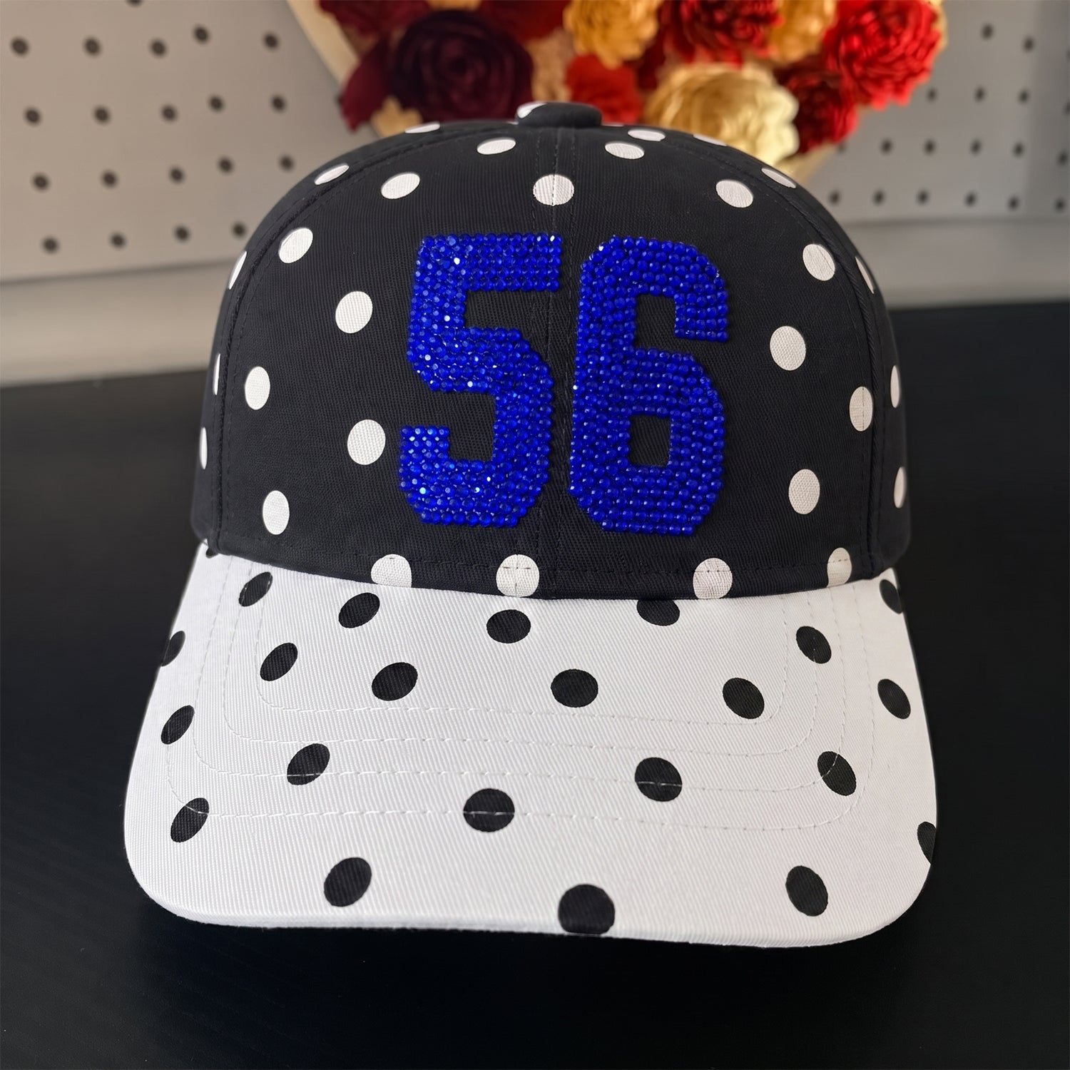 Two-Tone Polka Dot Baseball Cap, Contrast Brim Custom Bling Rhinestone Game Day Hat – Personalized Sports Cap